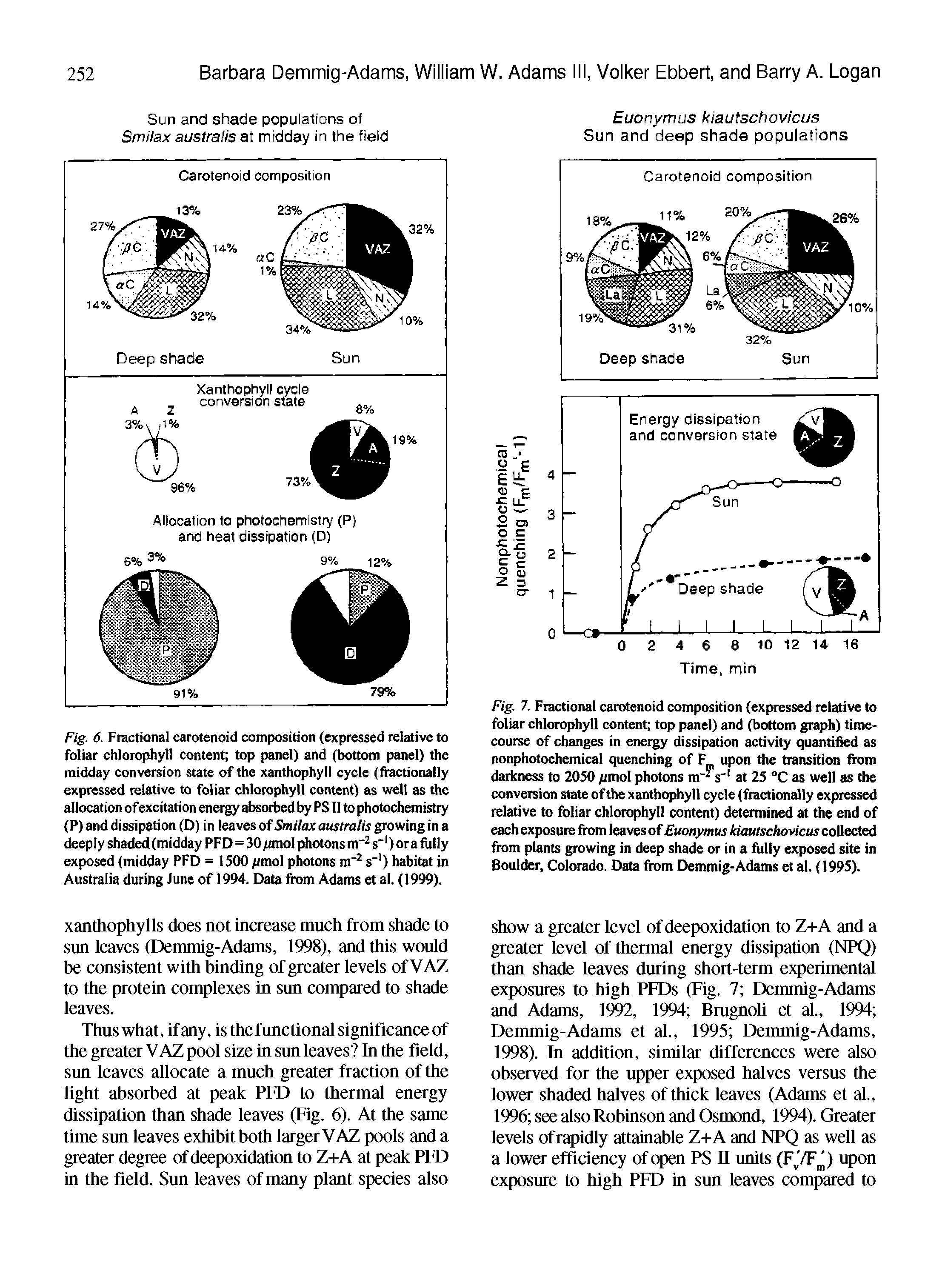 Fig. 6. Fractional carotenoid composition (expressed relative to foliar chlorophyll content top panel) and (bottom panel) the midday conversion state of the xanthophyll cycle (fractionally expressed relative to foliar chlorophyll content) as well as the allocation of excitation energy absorbed by PS II to photochemistry (P) and dissipation (D) in leaves of Smilax australis growing in a deeply shaded (midday PFD=30 miol photons m" s ) or a fully exposed (midday PFD = 1500 /imol photons m" s" ) habitat in Australia during June of 1994. Data from Adams et al. (1999).