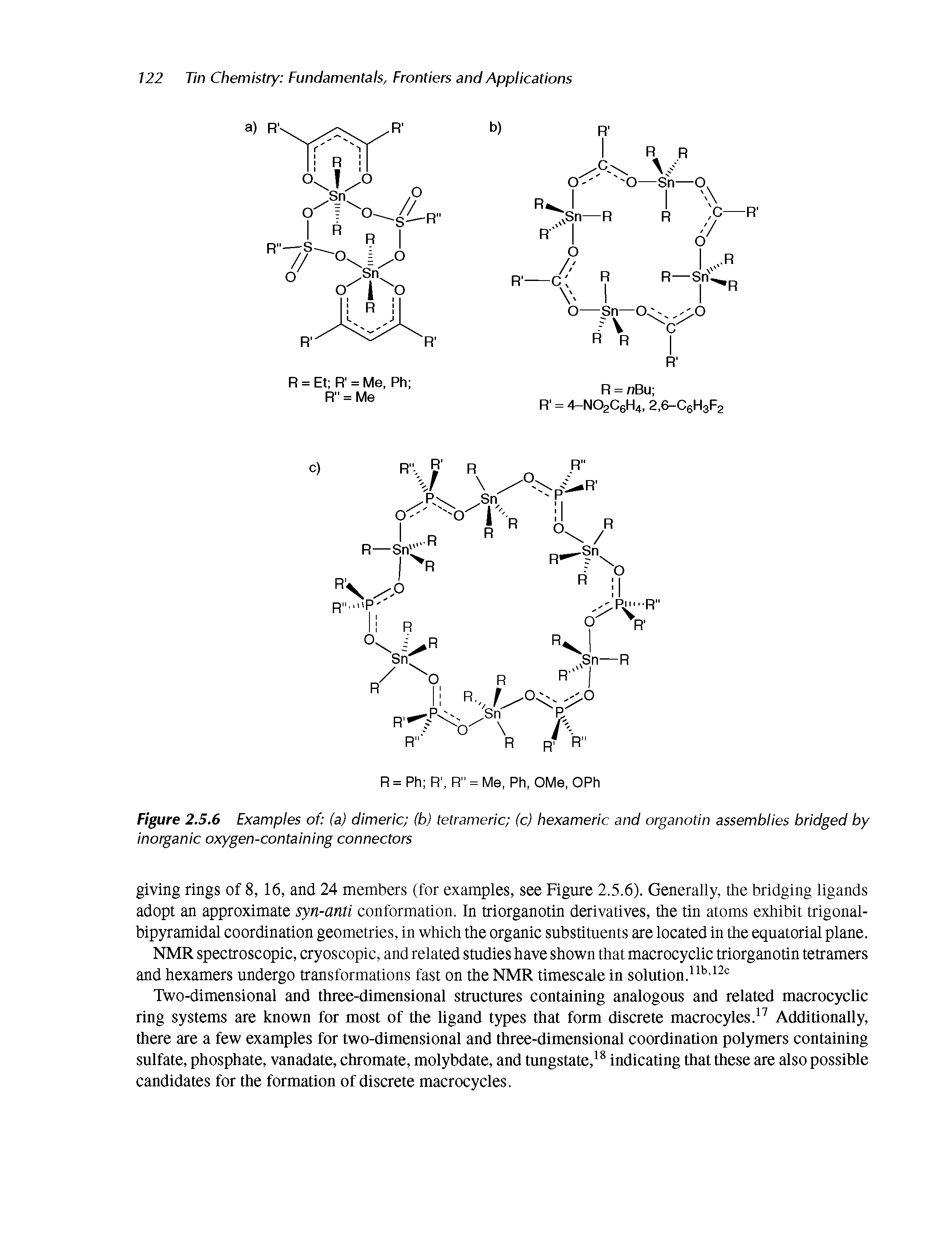 Figure 2.5.6 Examples of (a) dimeric (b) tetrameric (c) hexameric and organotin assemblies bridged by inorganic oxygen-containing connectors...