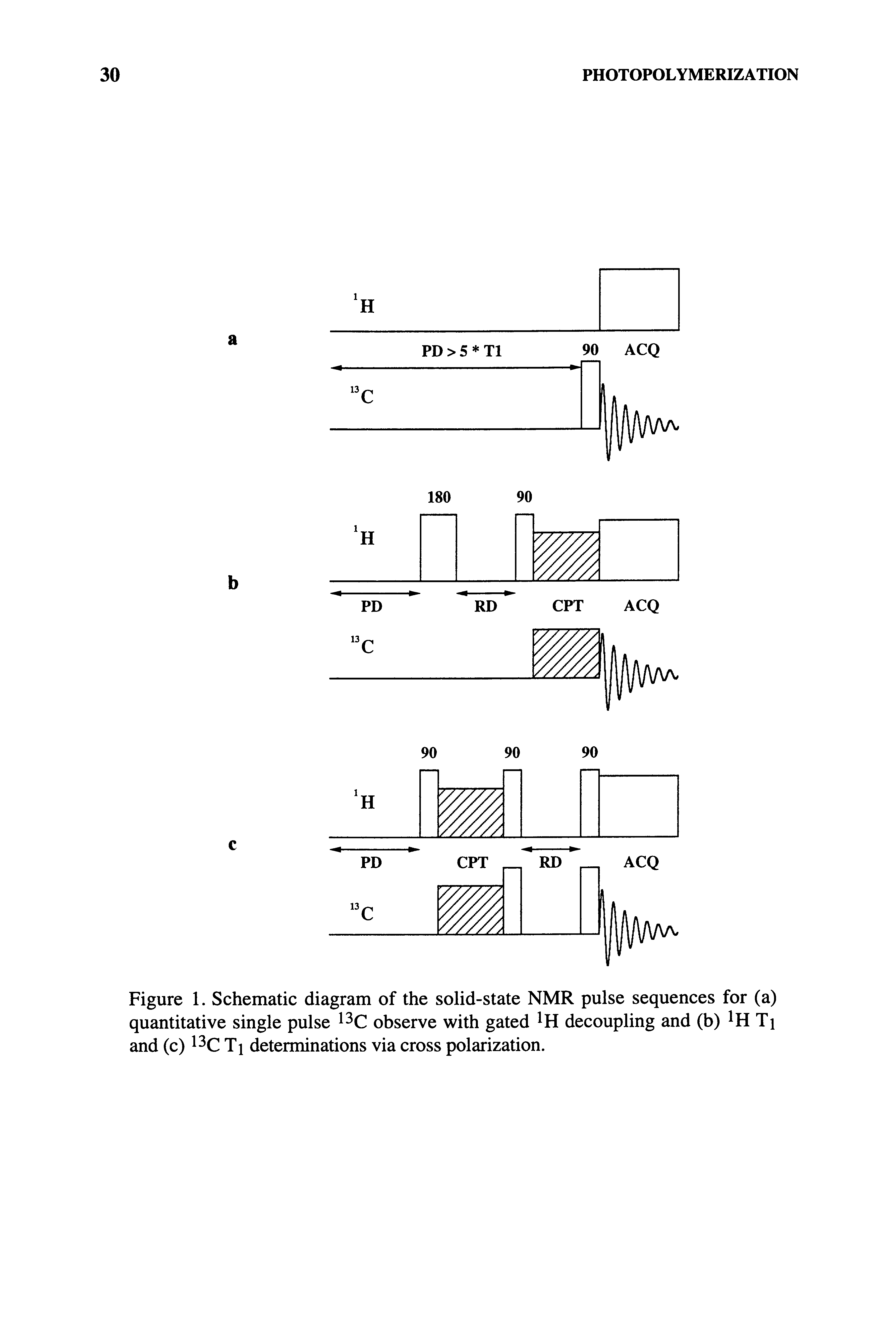 Figure 1. Schematic diagram of the solid-state NMR pulse sequences for (a) quantitative single pulse 13C observe with gated decoupling and (b) Ti and (c) 13C Ti determinations via cross polarization.