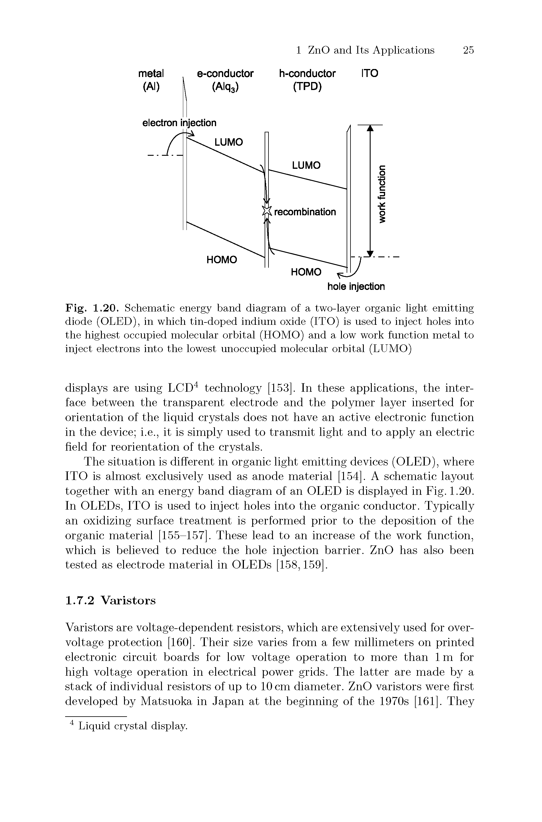 Fig. 1.20. Schematic energy band diagram of a two-layer organic light emitting diode (OLED), in which tin-doped indium oxide (ITO) is used to inject holes into the highest occupied molecular orbital (HOMO) and a low work function metal to inject electrons into the lowest unoccupied molecular orbital (LUMO)...