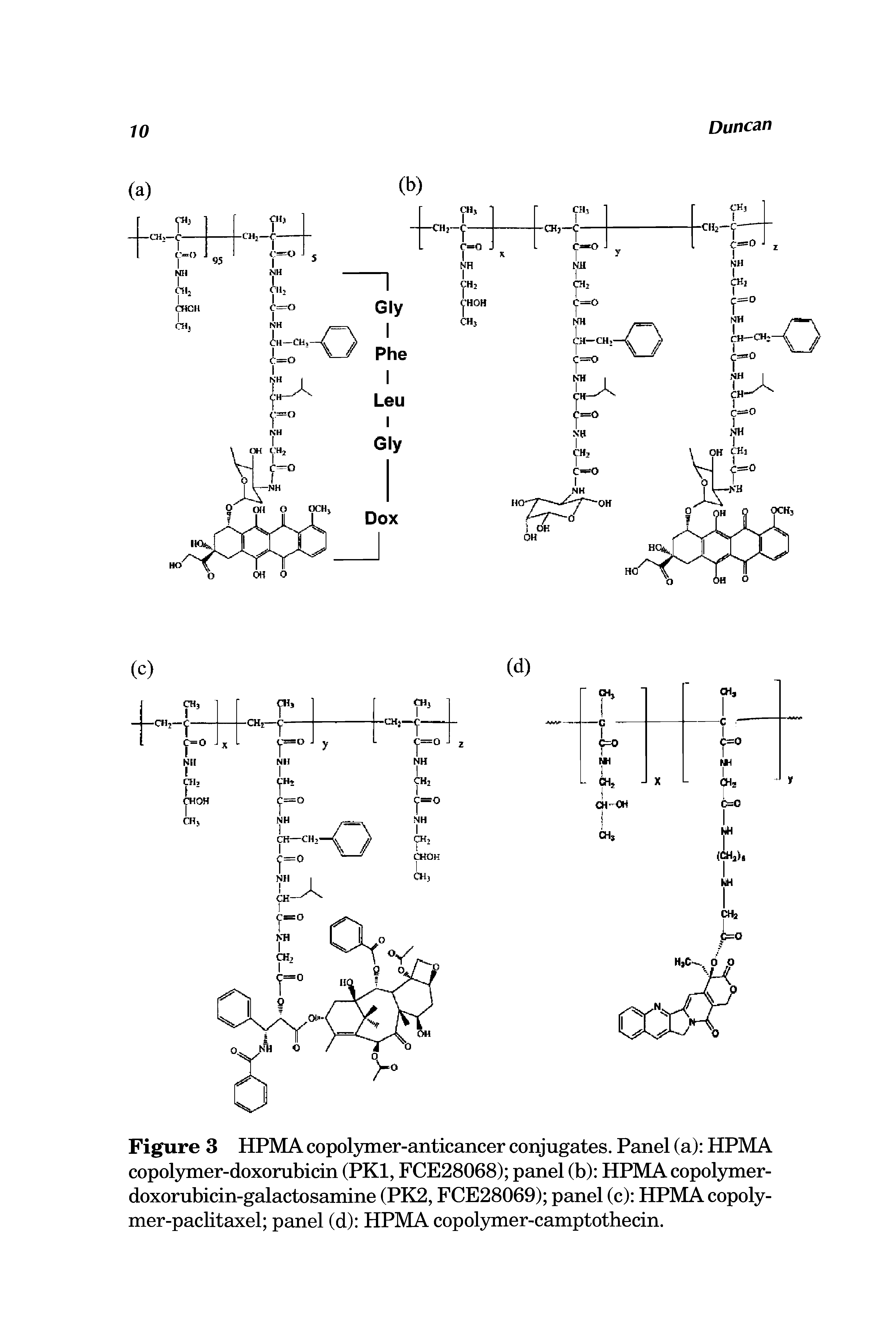 Figure 3 HPMA copolymer-anticancer conjugates. Panel (a) HPMA copol3mier-doxorubicin (PKl, FCE28068) panel (b) HPMAcopolymer-doxorubicin-galactosamine (PK2, FCE28069) panel (c) HPMAcopoly-mer-paclitaxel panel (d) HPMA copolymer-camptothecin.