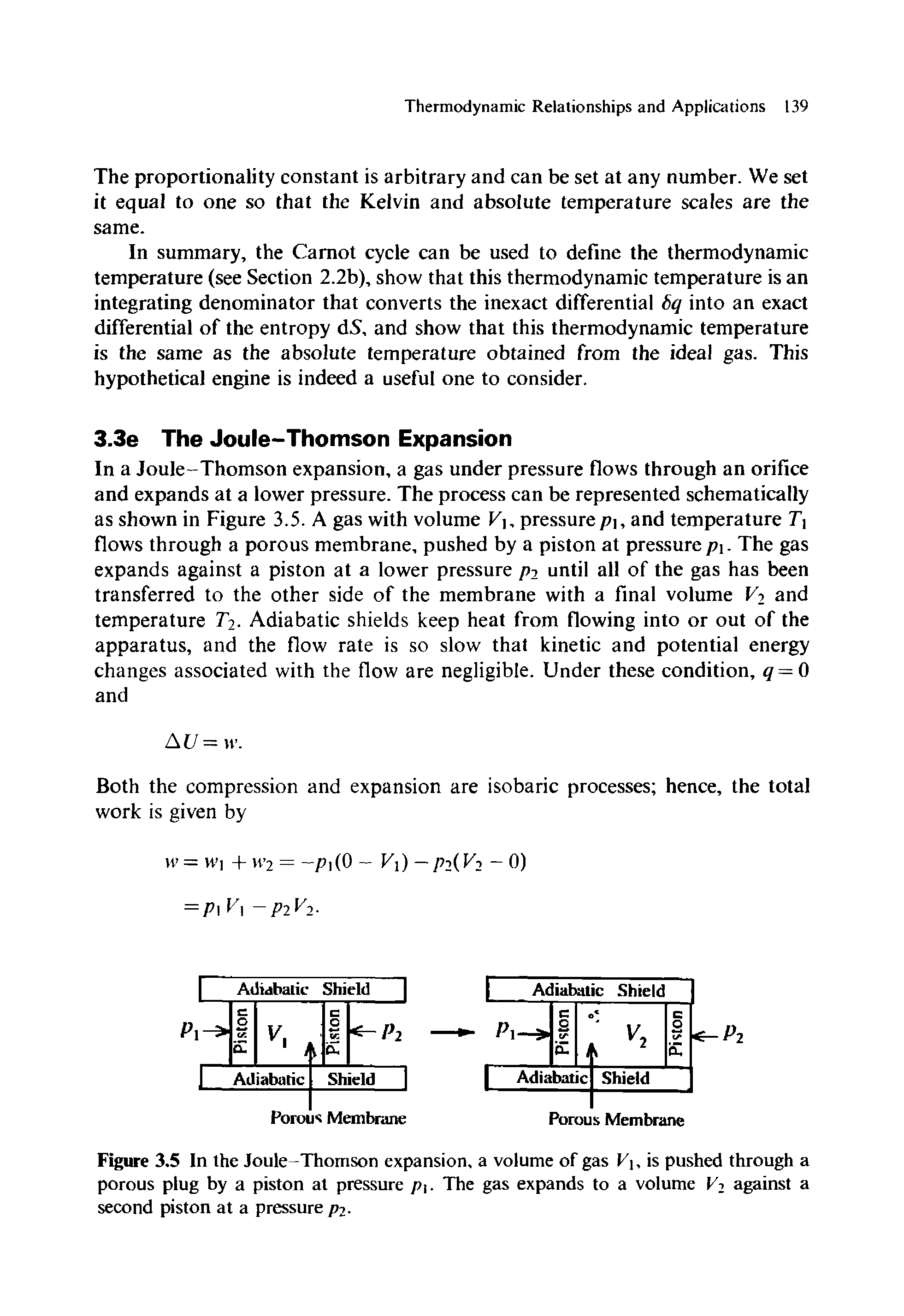 Figure 3.5 In the Joule-Thomson expansion, a volume of gas V, is pushed through a porous plug by a piston at pressure pt. The gas expands to a volume V2 against a second piston at a pressure p2.