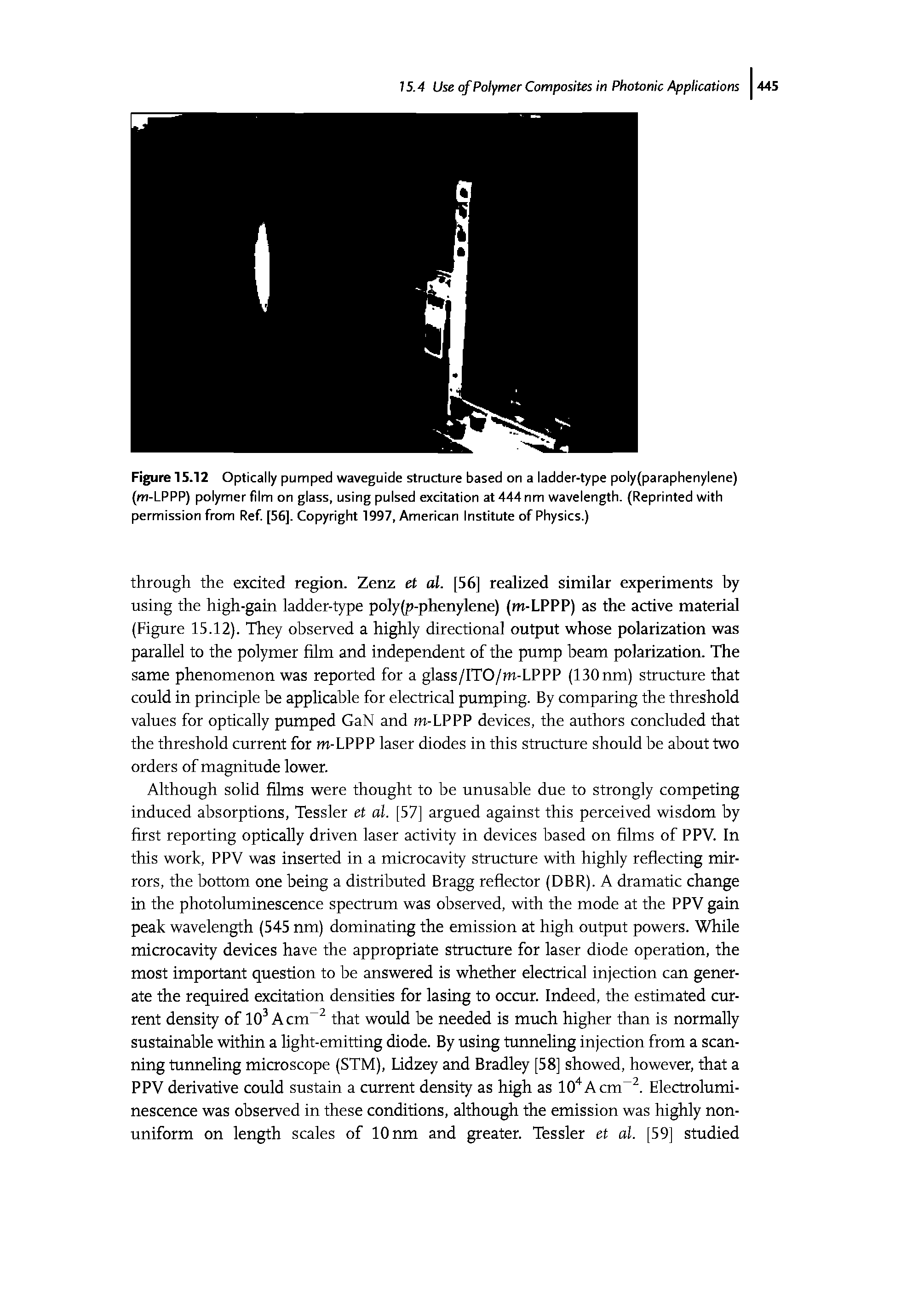 Figure 15.12 Optically pumped waveguide structure based on a ladder-type poly(paraphenylene) (m-LPPP) polymer film on glass, using pulsed excitation at444nm wavelength. (Reprinted with permission from Ref [56]. Copyright 1997, American Institute of Physics.)...