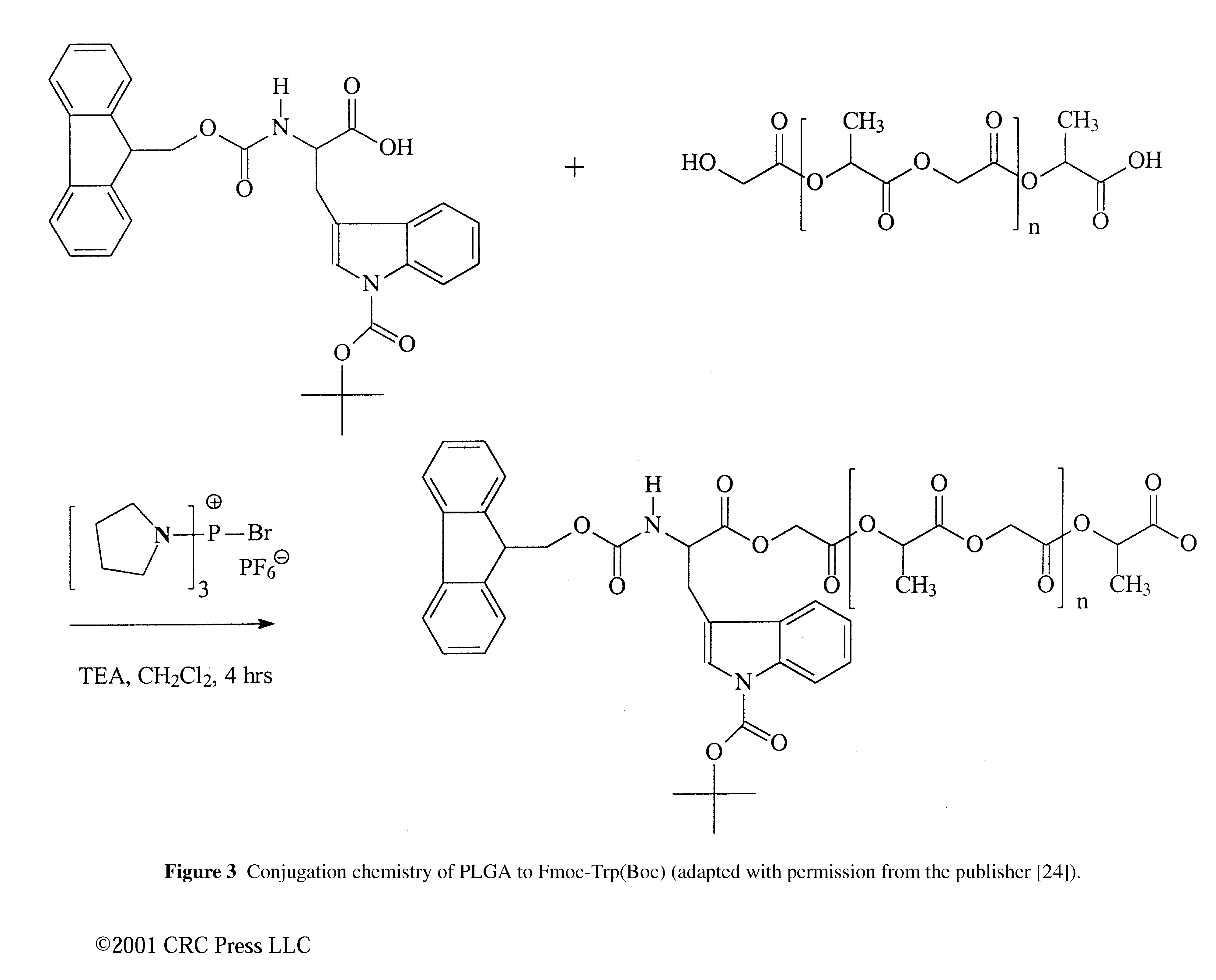 Figure 3 Conjugation chemistry of PLGA to Fmoc-Trp(Boc) (adapted with permission from the publisher [24]).