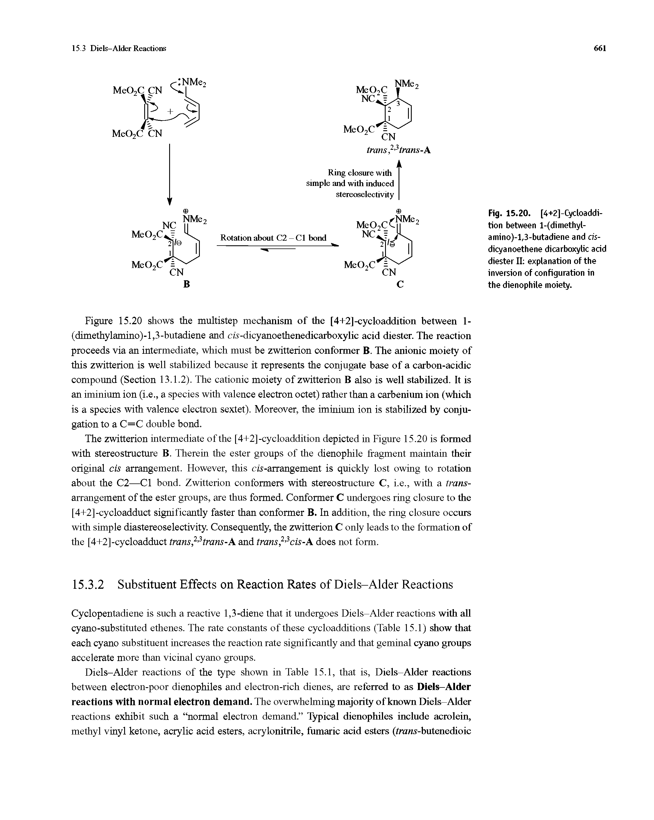 Fig. 15.20. [4+2]-Cycloaddi-tion between l-(di methyl-amino)- , 3-butadiene and cis-dicyanoethene dicarboxylic acid diester II explanation of the inversion of configuration in the dienophile moiety.