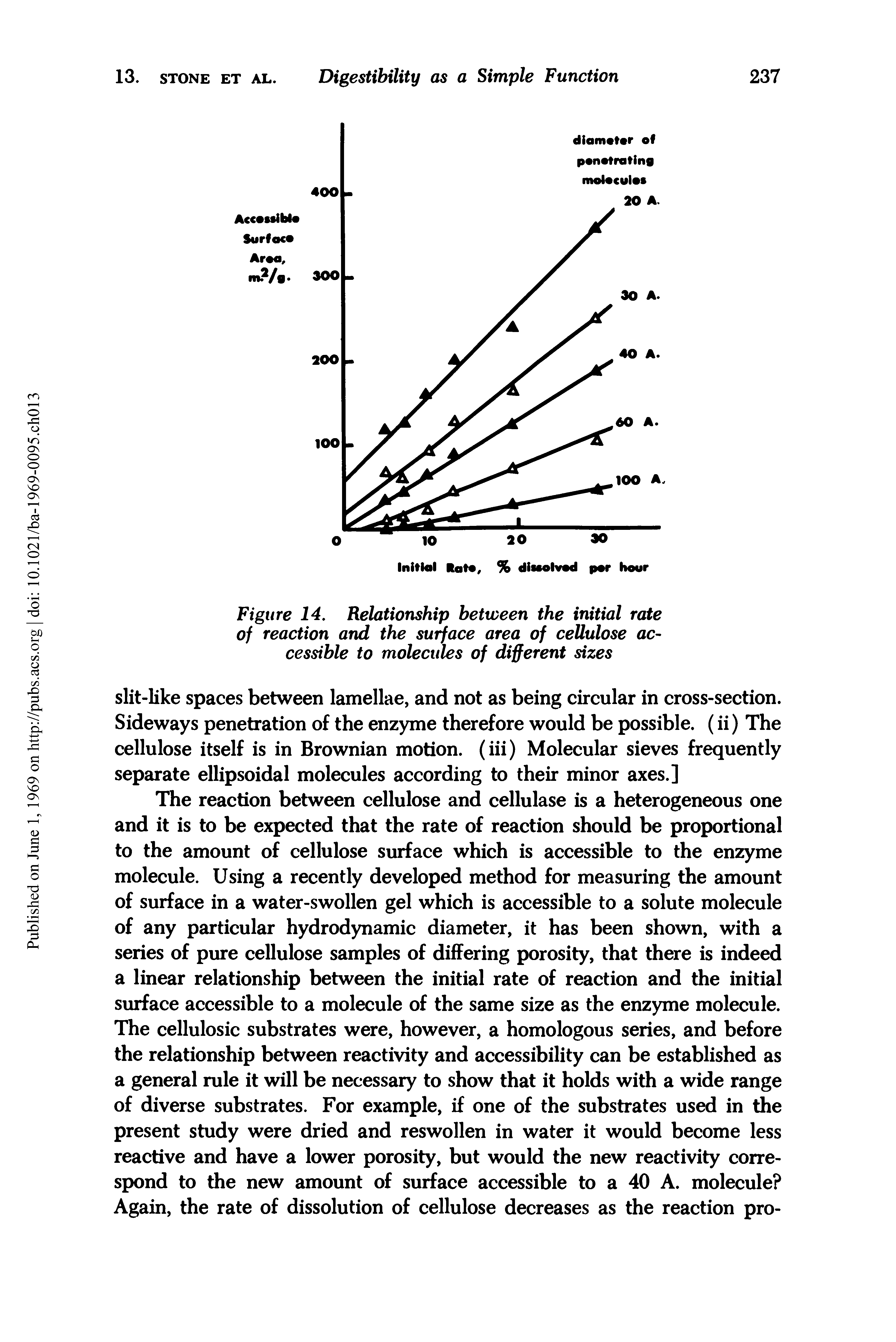 Figure 14. Relationship between the initial rate of reaction and the surface area of cellulose accessible to molecules of different sizes...