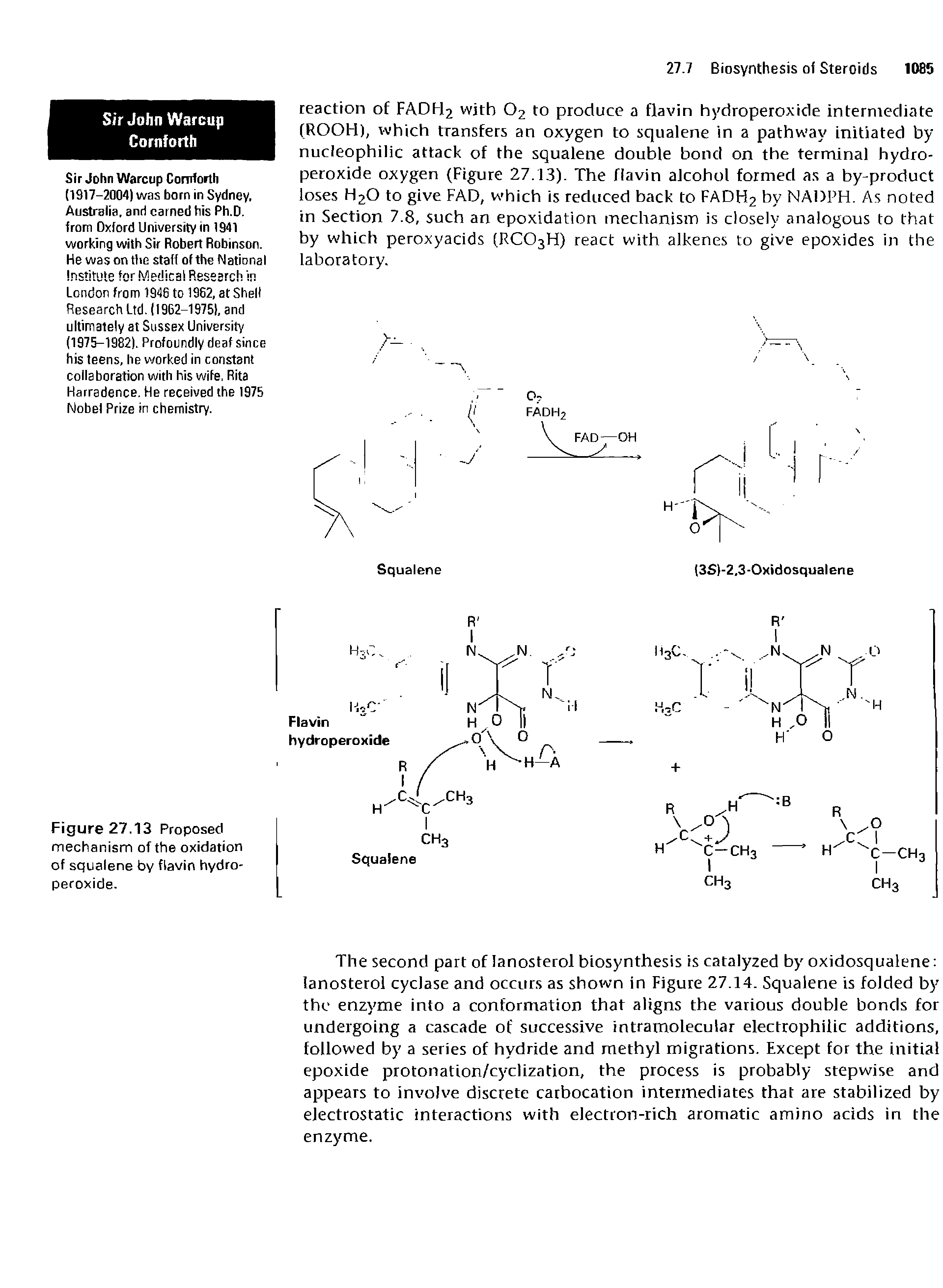 Figure 27.13 Proposed mechanism of the oxidation of squalene by flavin hydroperoxide.