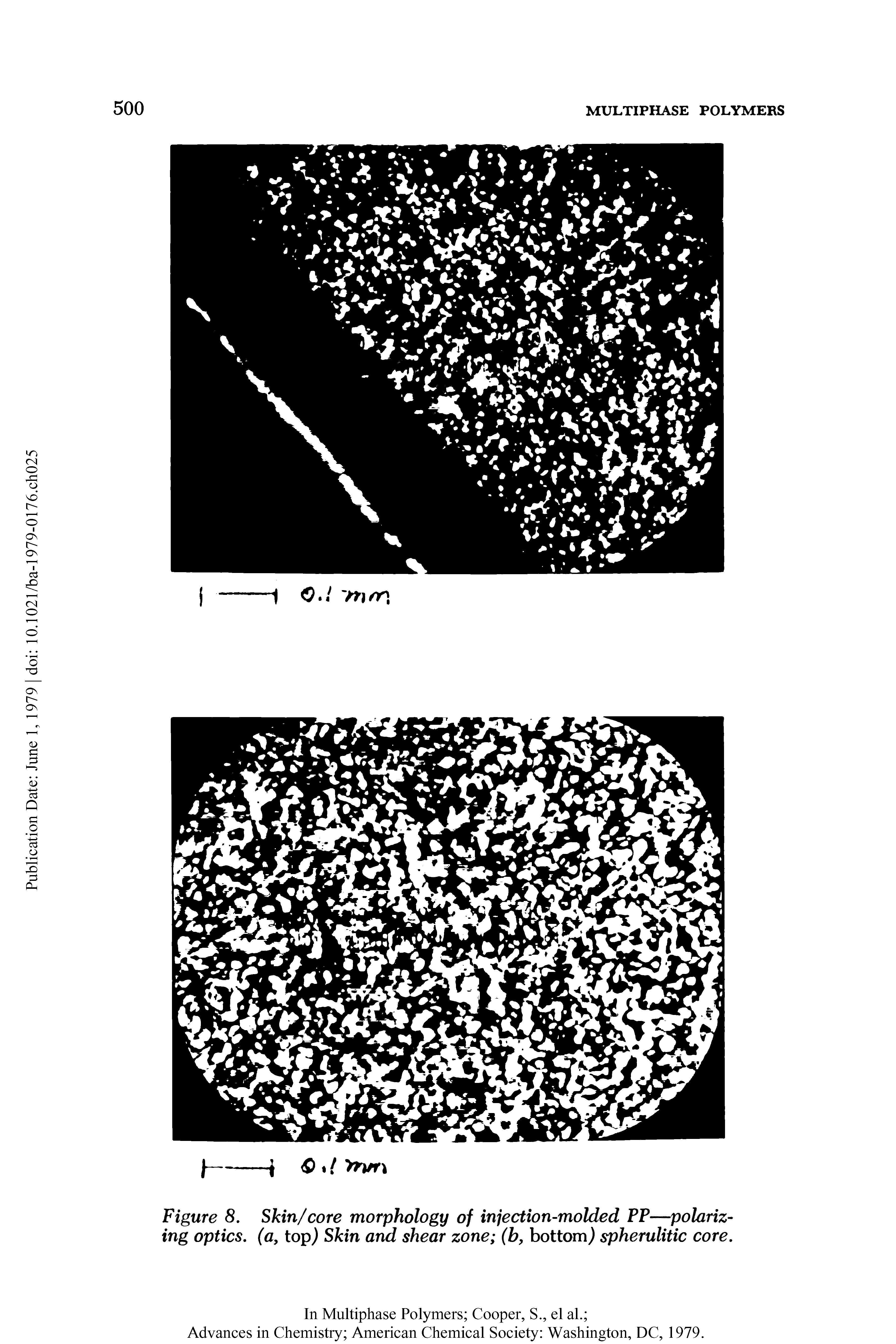 Figure 8. Skin/core morphology of injection-molded PP—polarizing optics, (a, top) Skin and shear zone (b, bottom) spherulitic core.