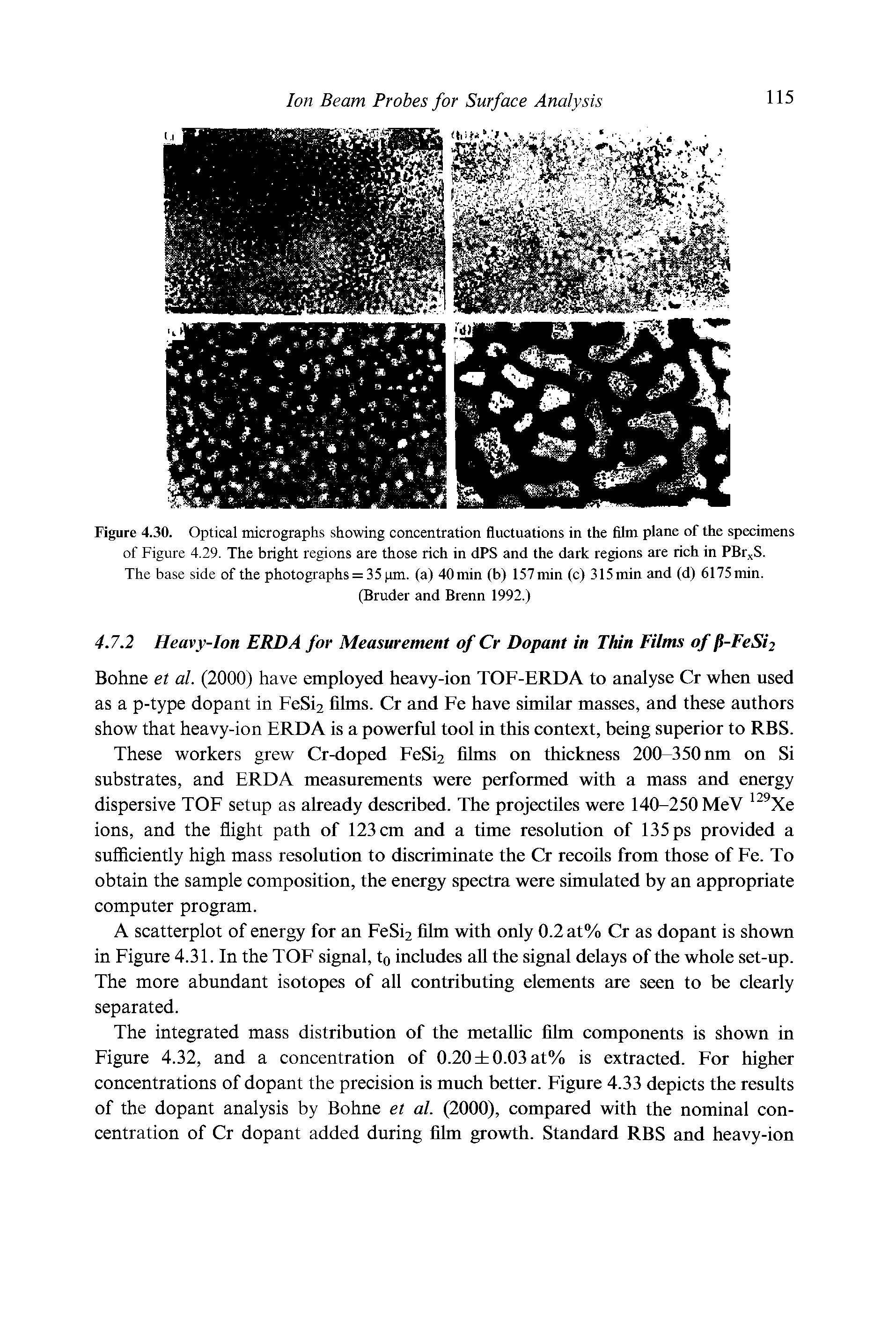 Figure 4.30. Optical micrographs showing concentration fluctuations in the film plane of the specimens of Figure 4.29. The bright regions are those rich in dPS and the dark regions are rich in PBrxS.