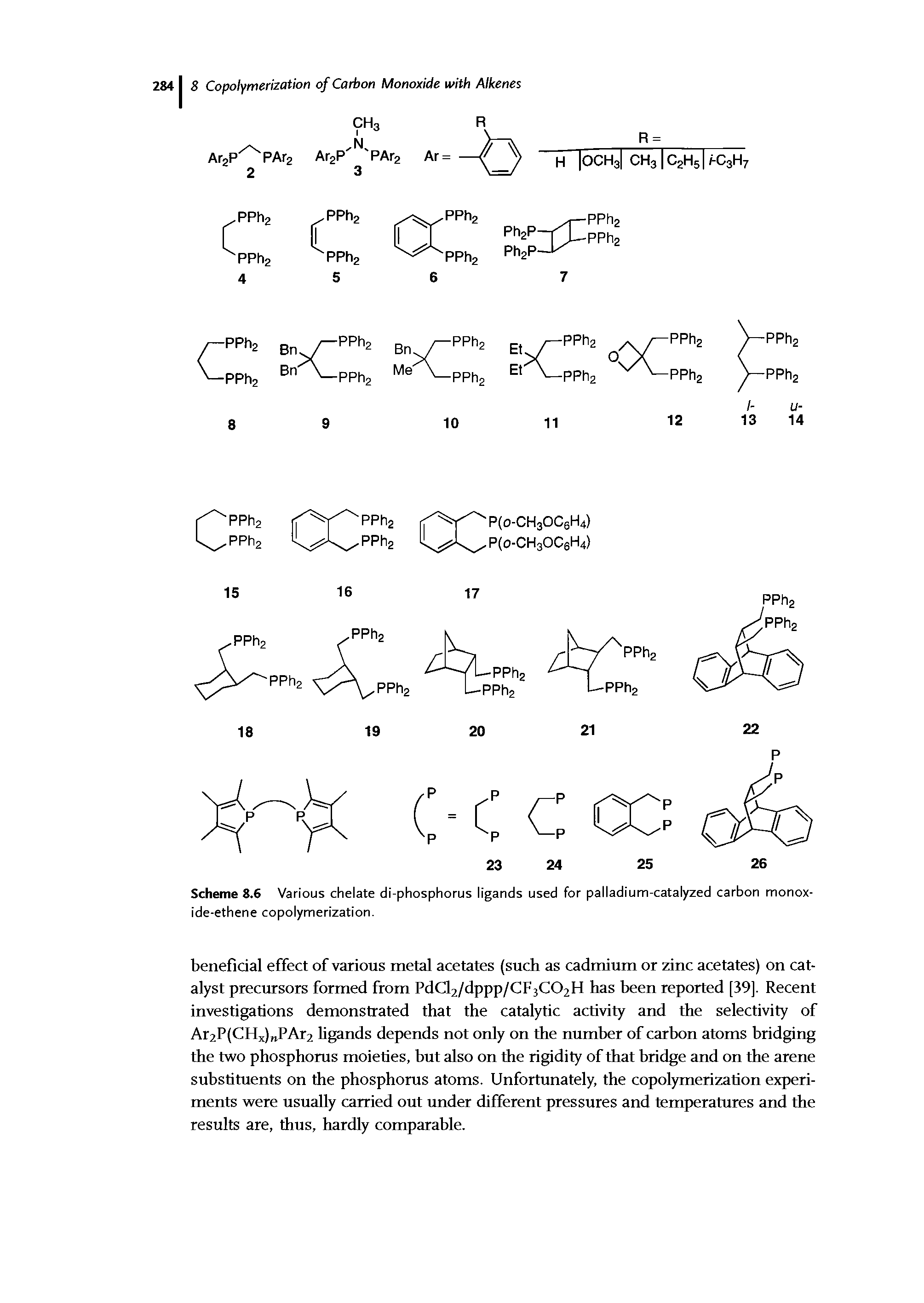 Scheme 8.6 Various chelate di-phosphorus ligands used for palladium-catalyzed carbon monox-ide-ethene copolymerization.