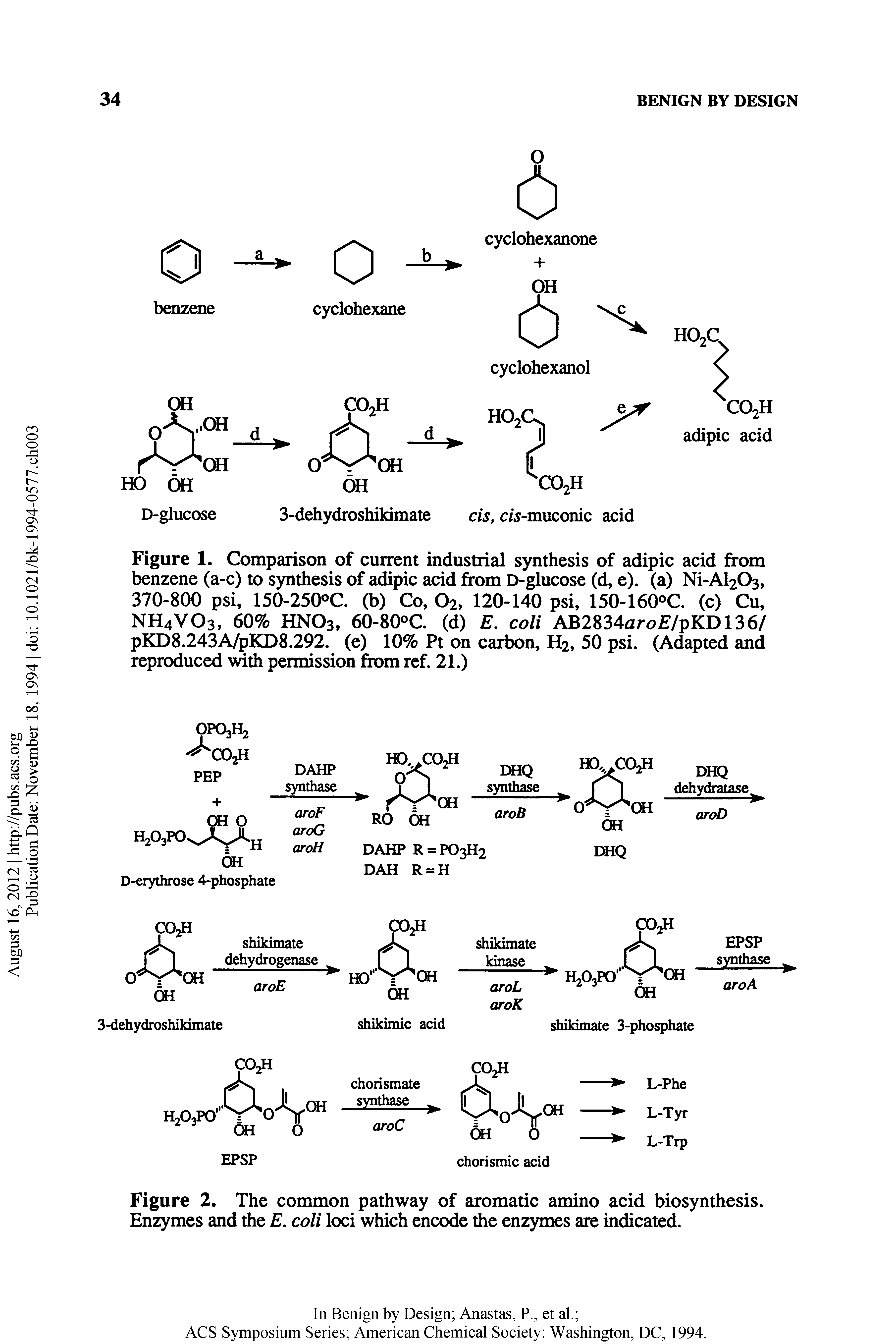 Figure 1. Comparison of current industrial synthesis of adipic acid from benzene (a-c) to syndiesis of adipic acid from D-glucose (d, e). (a) Ni-Al203, 370-800 psi, 150-250°C (b) Co, O2, 120-140 psi, 150-160°C. (c) Cu, NH4VO3, 60% HNO3, 60-80OQ (d) E. coli AB2834 iro /pKD136/ pKD8.243A/pKD8.292. (e) 10% Pt on carbon, H2, 50 psi. (Adapted and reproduced with permission from ref. 21.)...