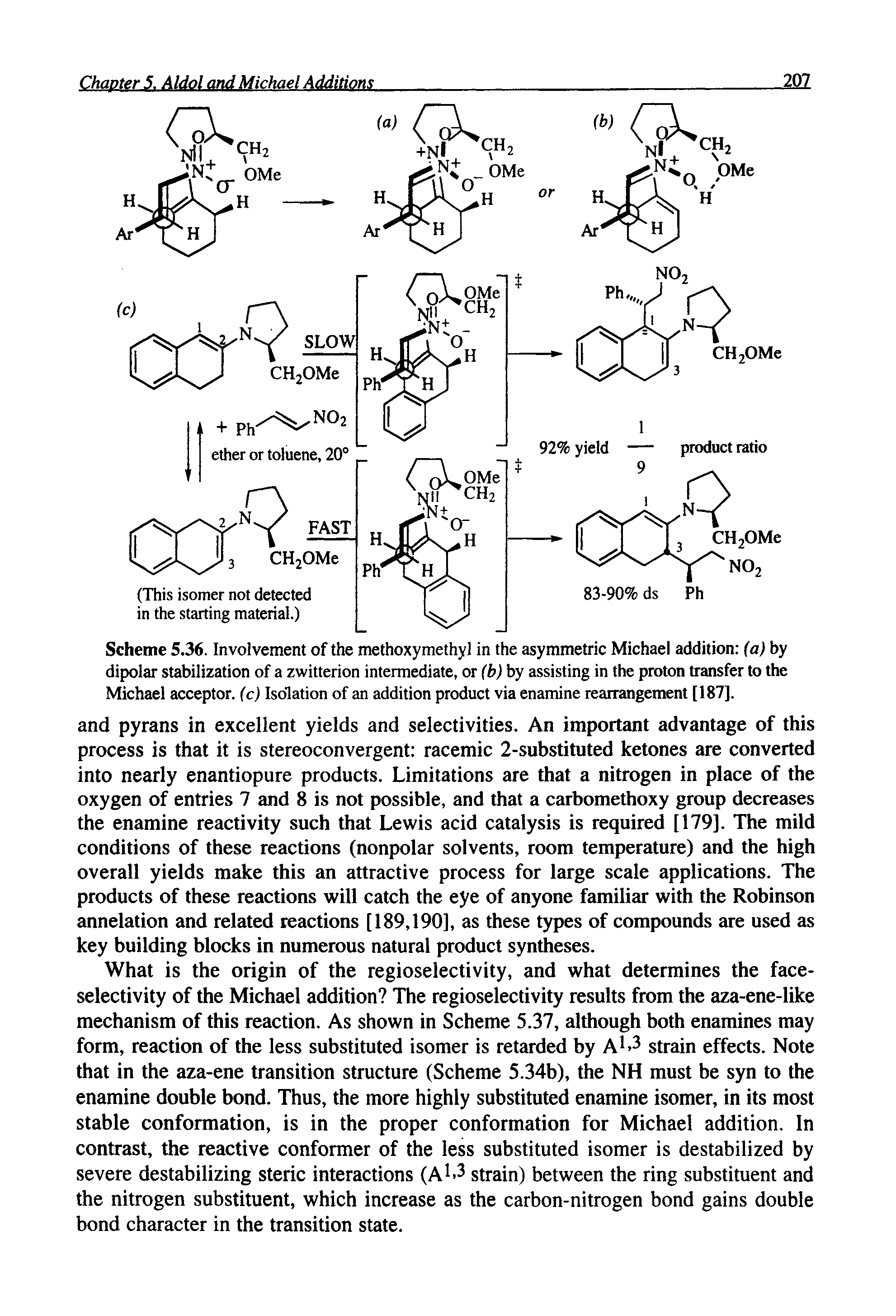 Scheme 5.36. Involvement of the methoxymethyl in the asymmetric Michael addition (a) by dipolar stabilization of a zwitterion intermediate, or (b) by assisting in the proton transfer to the Michael acceptor, (c) Isolation of an addition product via enamine rearrangement [187].