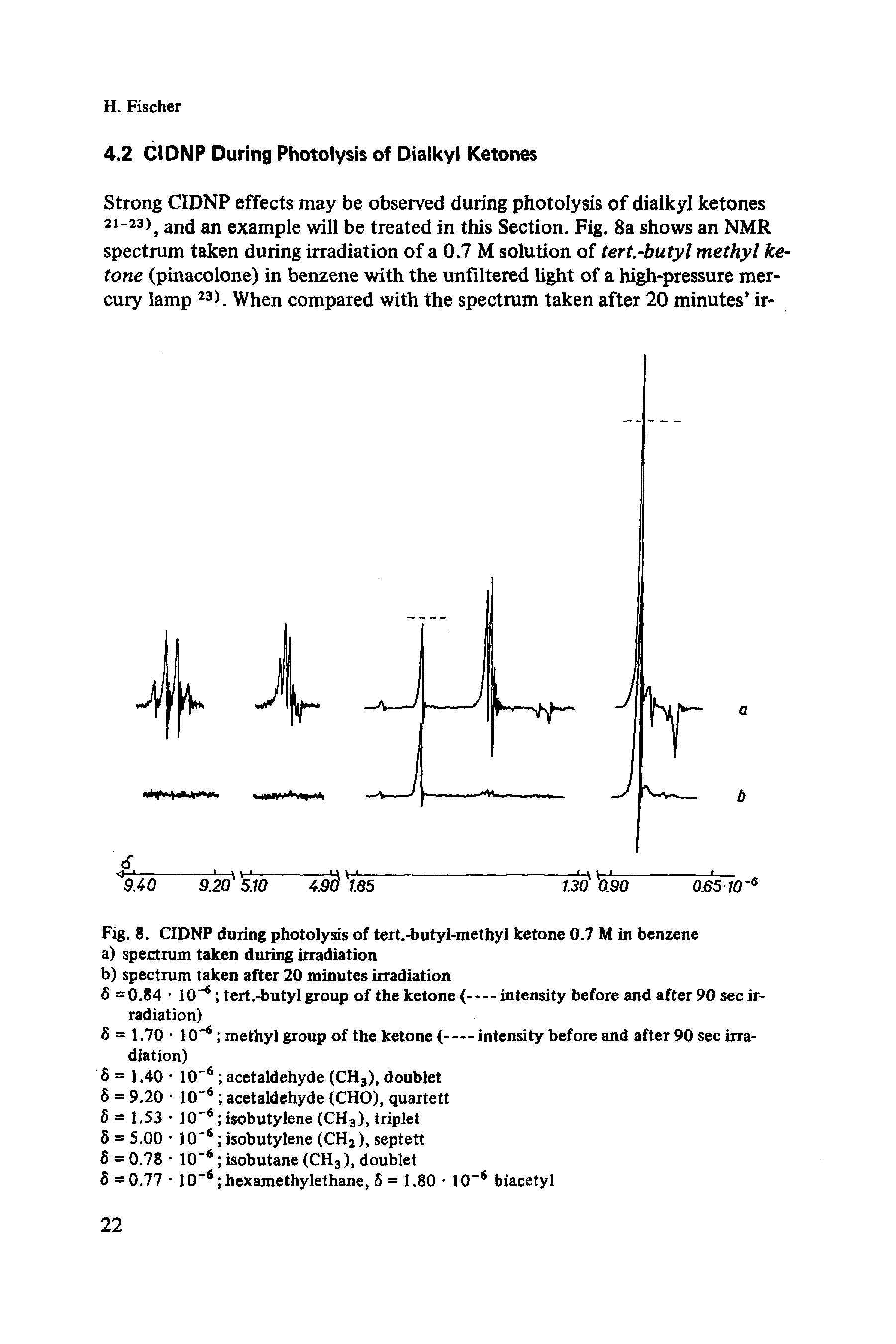 Fig. 8. CIDNP during photolysis of tert.-butyl-methyl ketone 0.7 M in benzene...