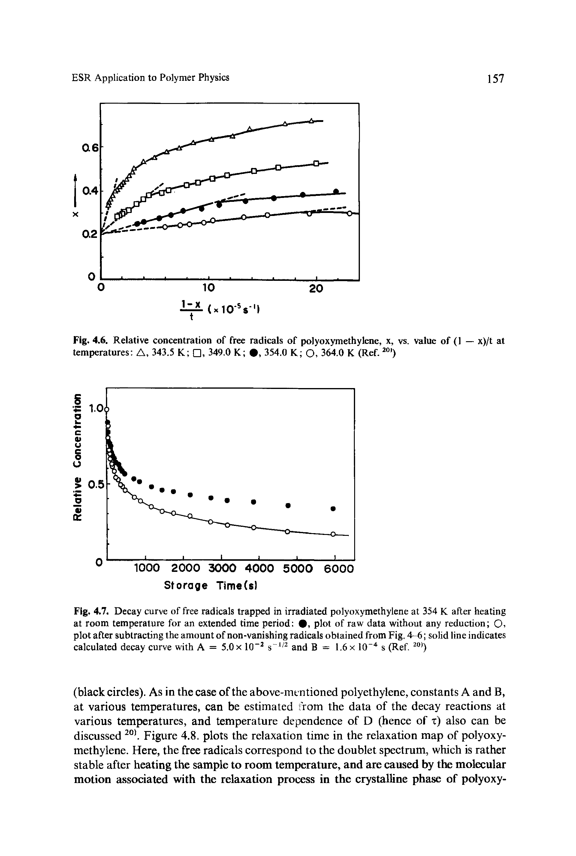 Fig. 4.7. Decay curve of free radicals trapped in irradiated polyoxymethylene at 354 K after heating at room temperature for an extended time period , plot of raw data without any reduction O. plot after subtracting the amount of non-vanishing radicals obtained from Fig. 4-6 solid line indicates calculated decay curve with A = 5.0x 10 s" and B = 1.6x 10" s (Ref.