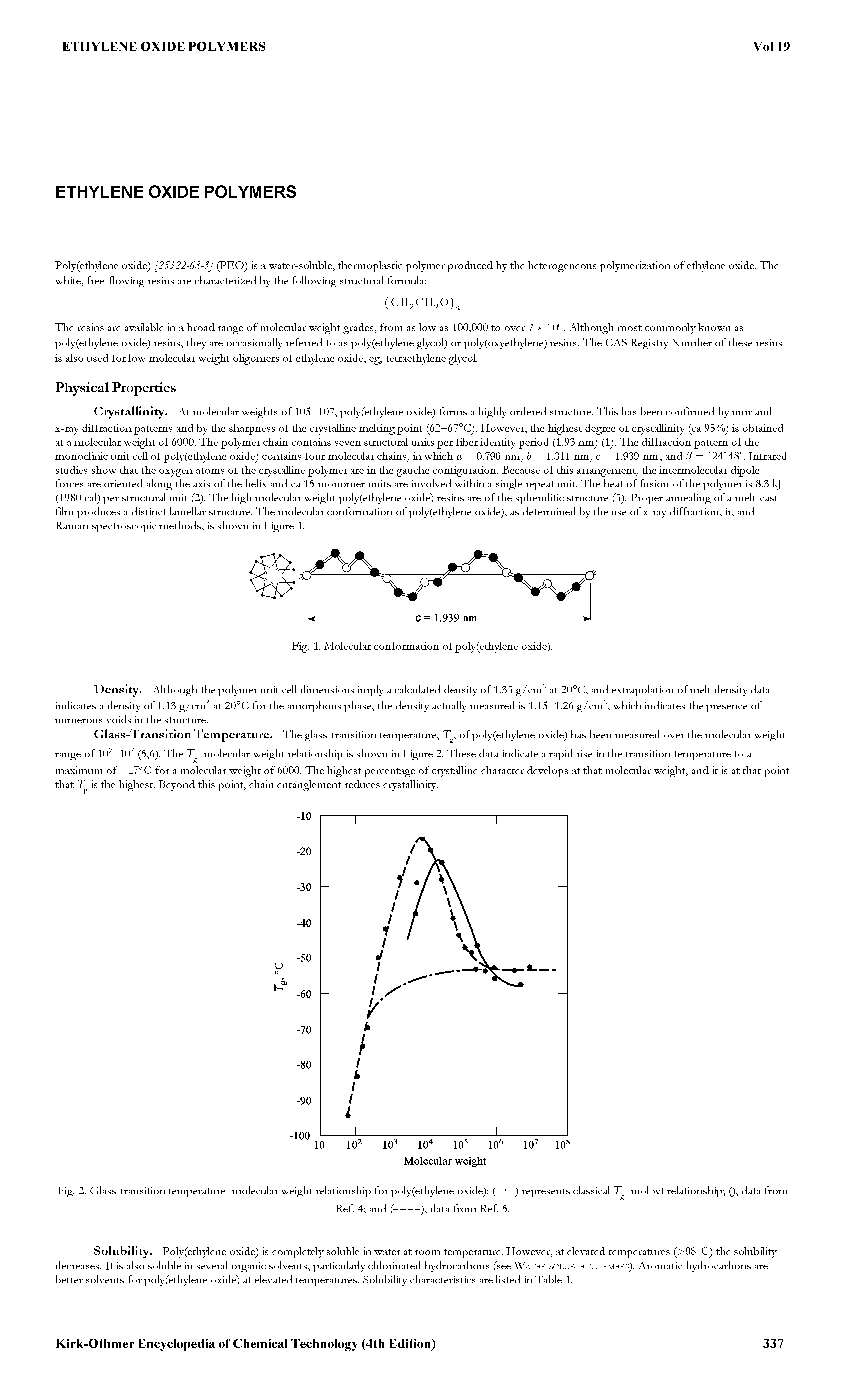 Fig. 2. Glass-transition temperature—molecular weight relationship for poly(ethylene oxide) (-) represents classical T —mol wt relationship Q, data from...