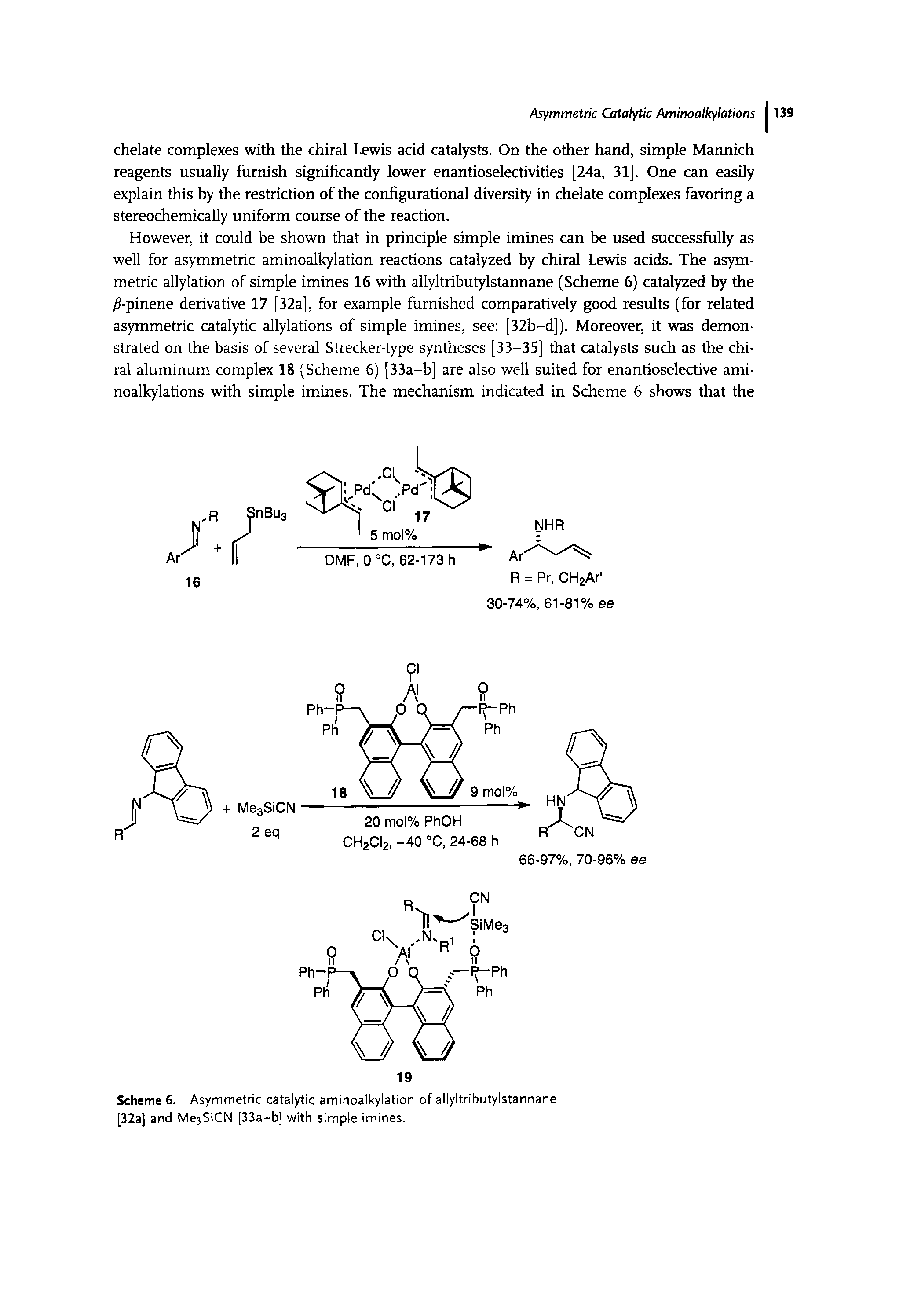 Scheme 6. Asymmetric catalytic aminoalkylation of allyltributylstannane [32a] and MejSiCN [33a—b] with simple imines.