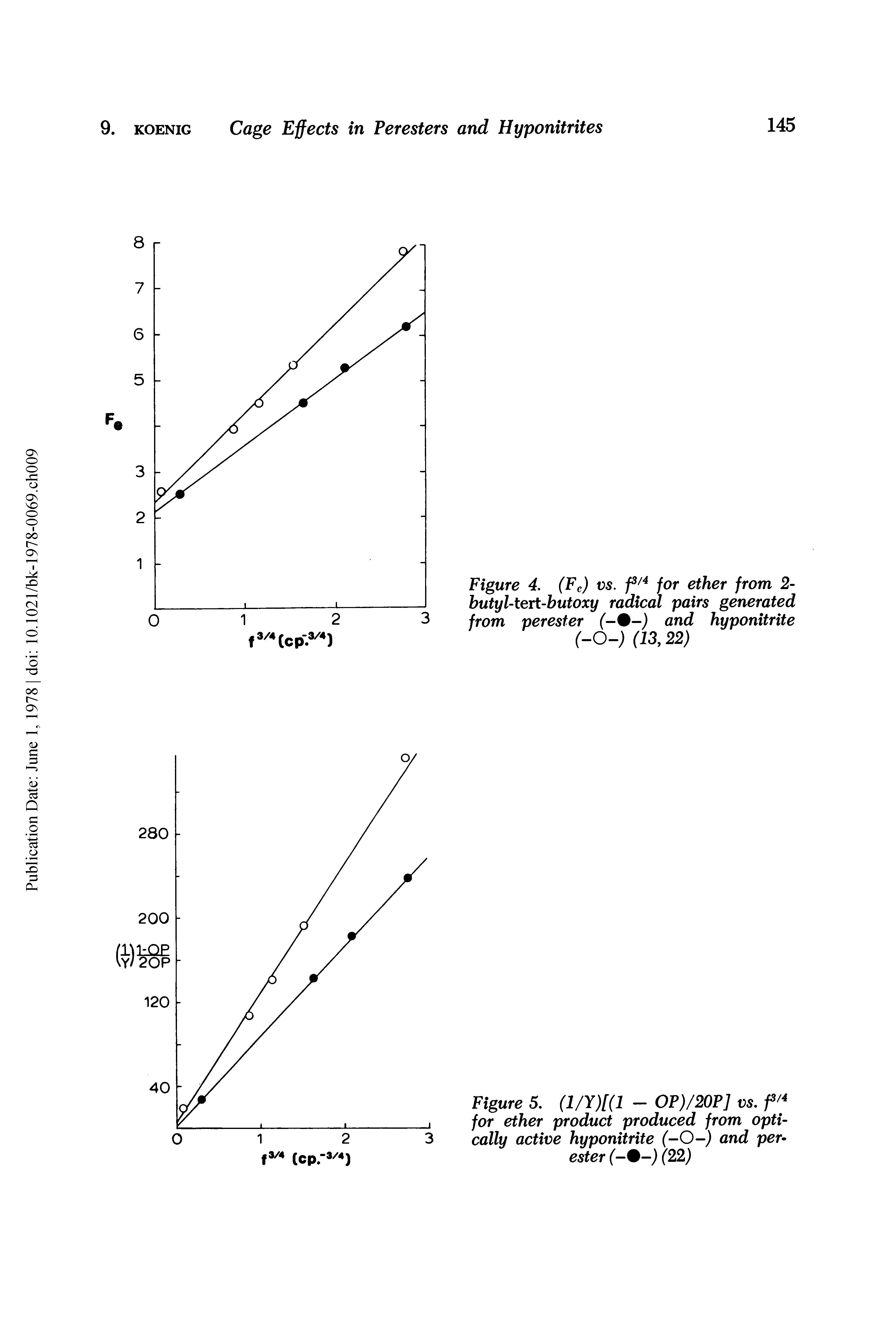 Figure 4, (Fe) vs. for ether from 2-butyl-tert-butoxy radical pairs generated from per ester (-%-) and hyponitrite (-0-) (13,22)...