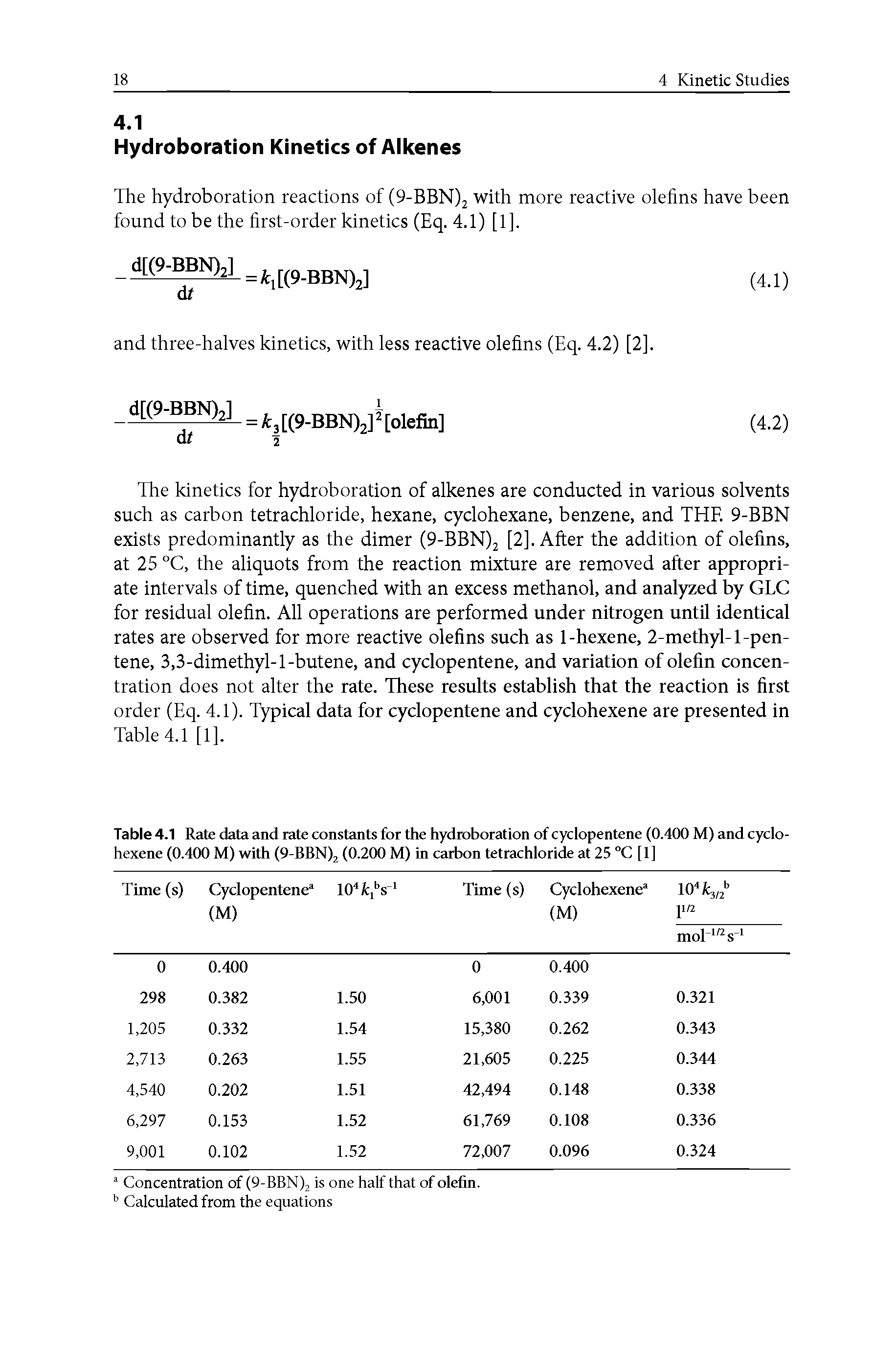 Table 4.1 Rate data and rate constants for the hydroboration of cyclopentene (0.400 M) and cyclohexene (0.400 M) with (O-BBNy (0.200 M) in carbon tetrachloride at 25 C [ 1 ]...