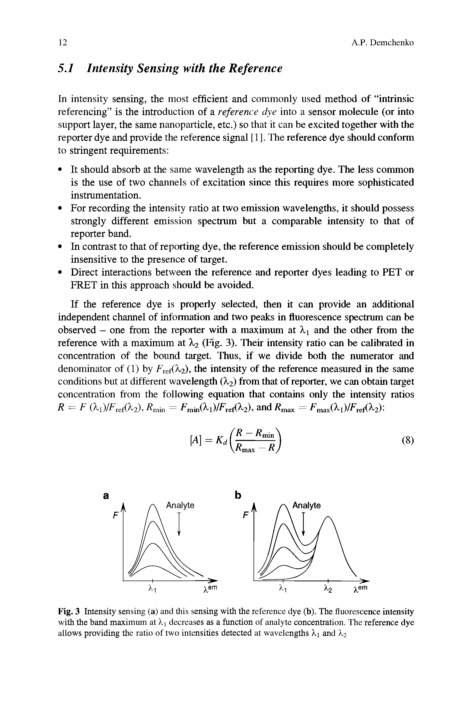 Fig. 3 Intensity sensing (a) and this sensing with the reference dye (b). The fluorescence intensity with the band maximum at decreases as a function of analyte concentration. The reference dye allows providing the ratio of two intensities detected at wavelengths ki and X2...