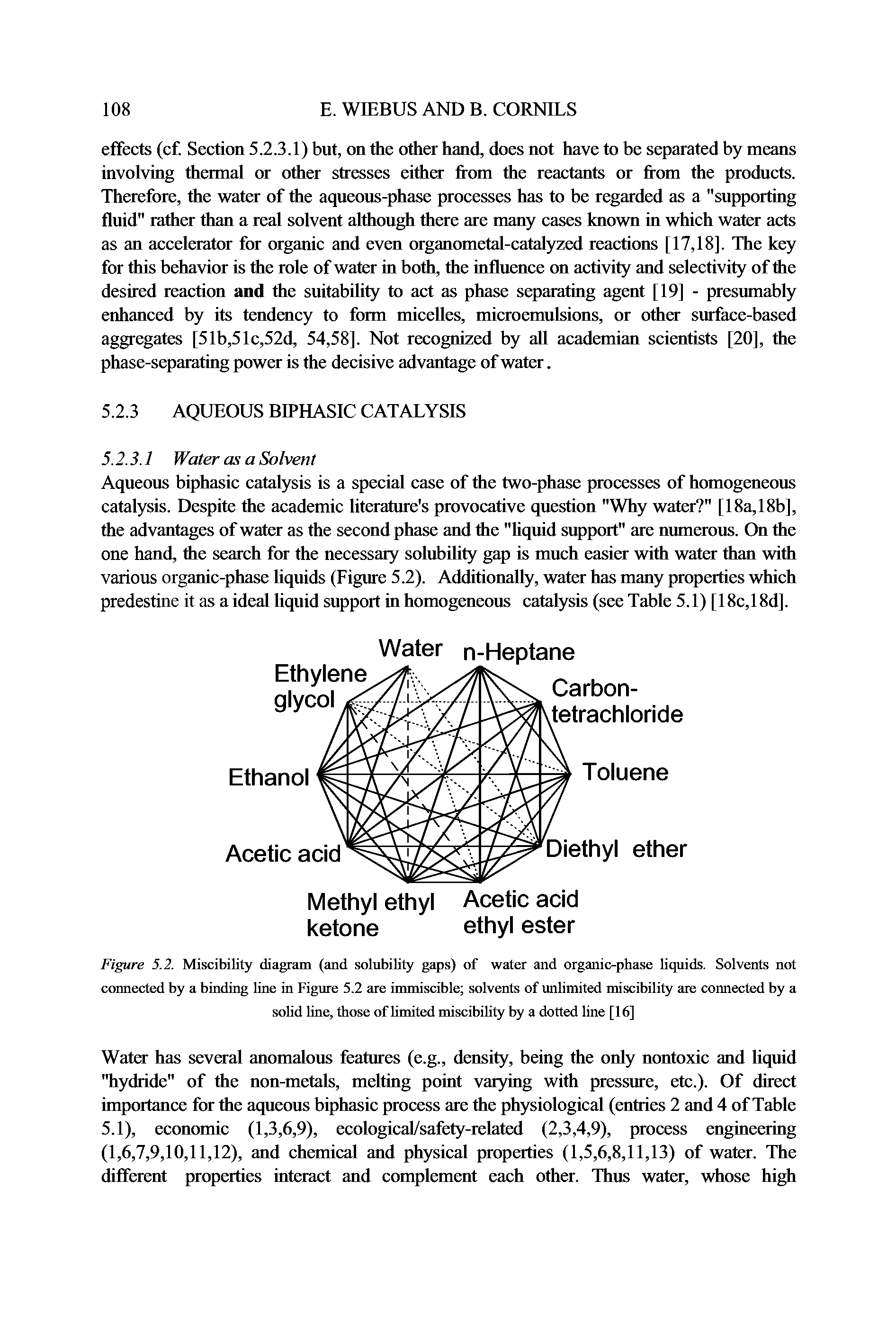 Figure 5.2. Miscibility diagram (and solubility gaps) of water and organic-phase liquids. Solvents not connected by a binding line in Figure 5.2 are immiscible solvents of unlimited miscibility are connected by a solid line, those of limited miscibility by a dotted line [16]...