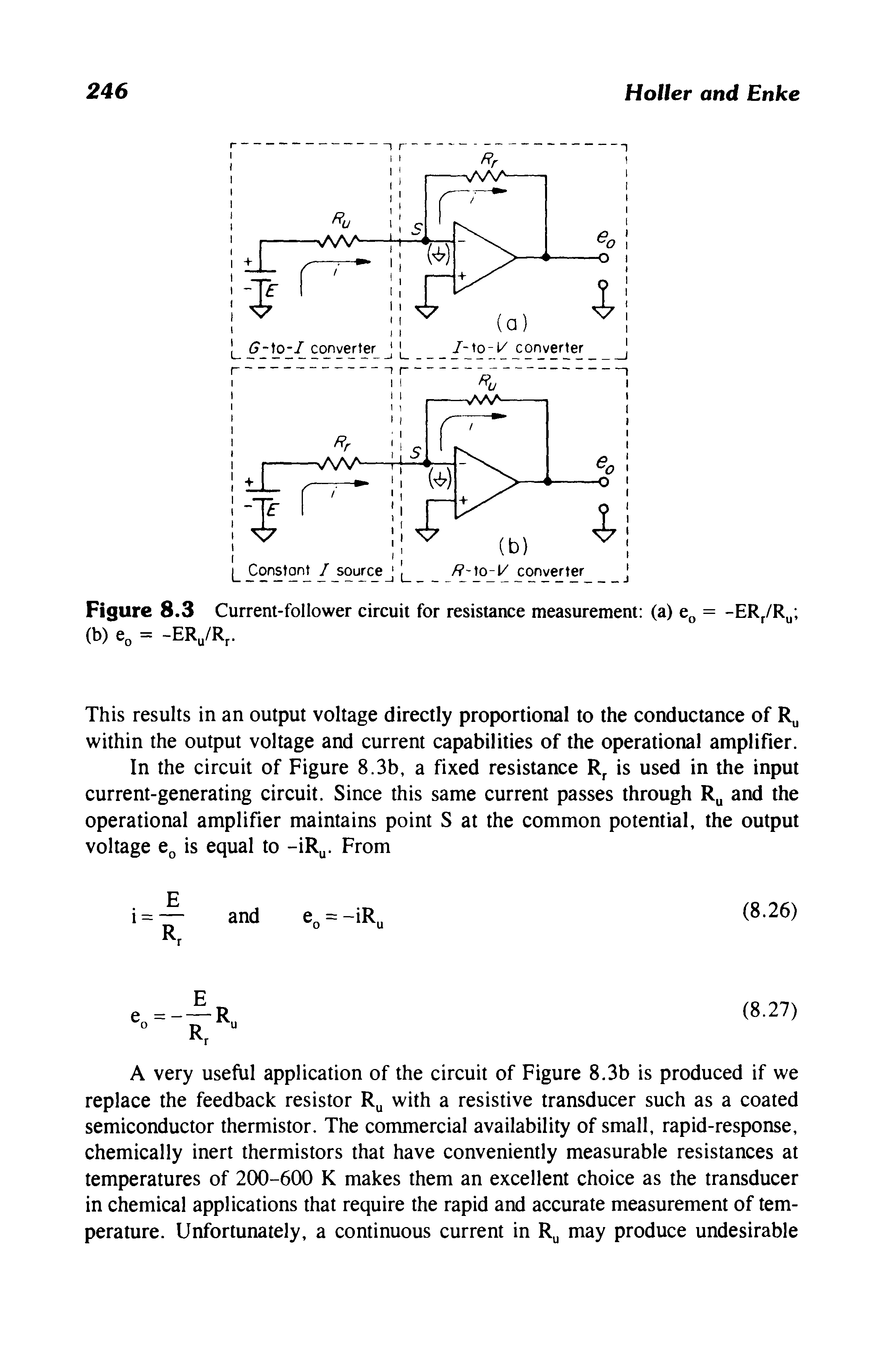 Figure 8.3 Current-follower circuit for resistance measurement (a) e0 = -ERr/Ru (b) e0 = -ERU/Rr.