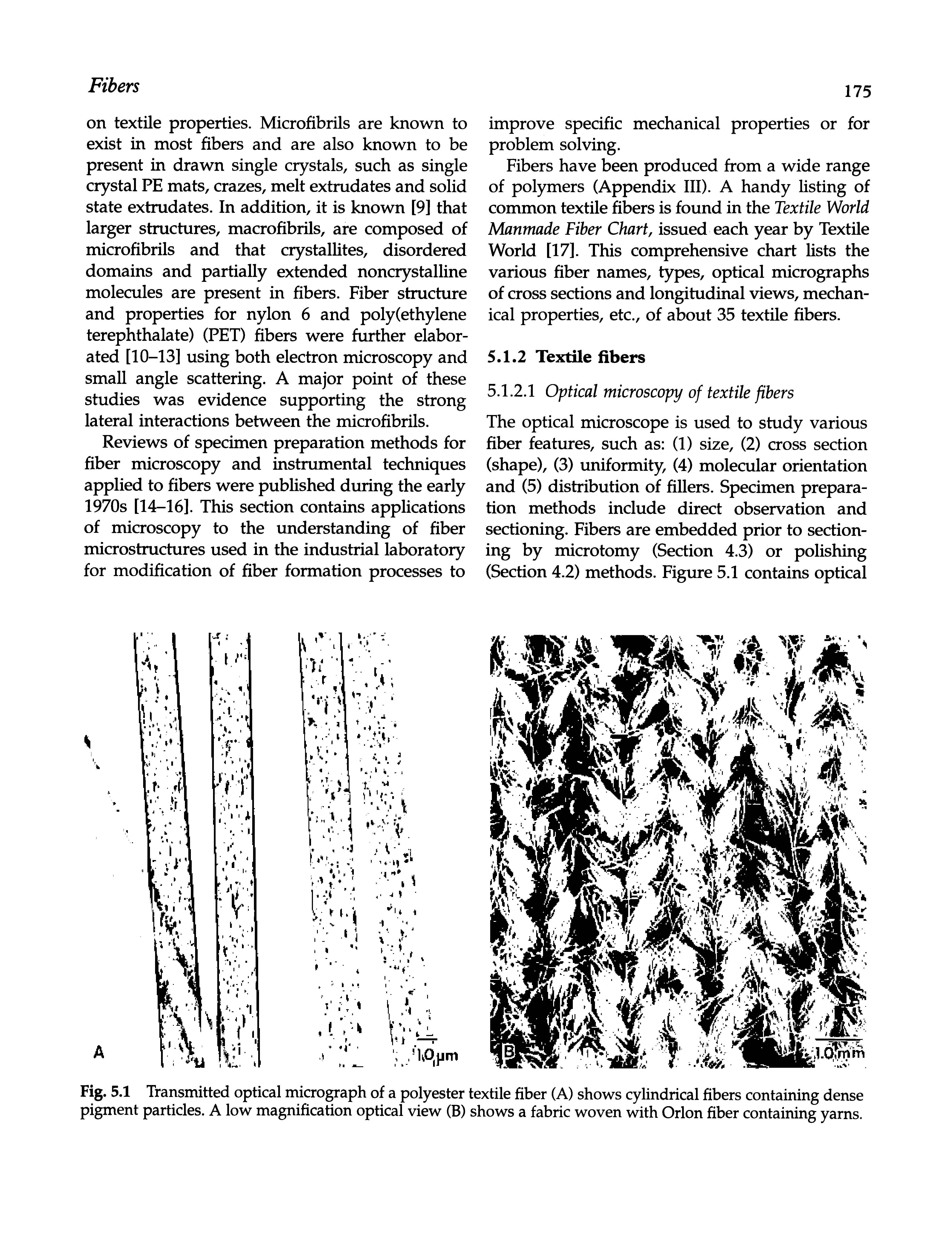 Fig. 5.1 Transmitted optical micrograph of a polyester textile fiber (A) shows cyUndrical fibers containing dense pigment particles. A low magnification optical view (B) shows a fabric woven with Orion fiber containing yarns.