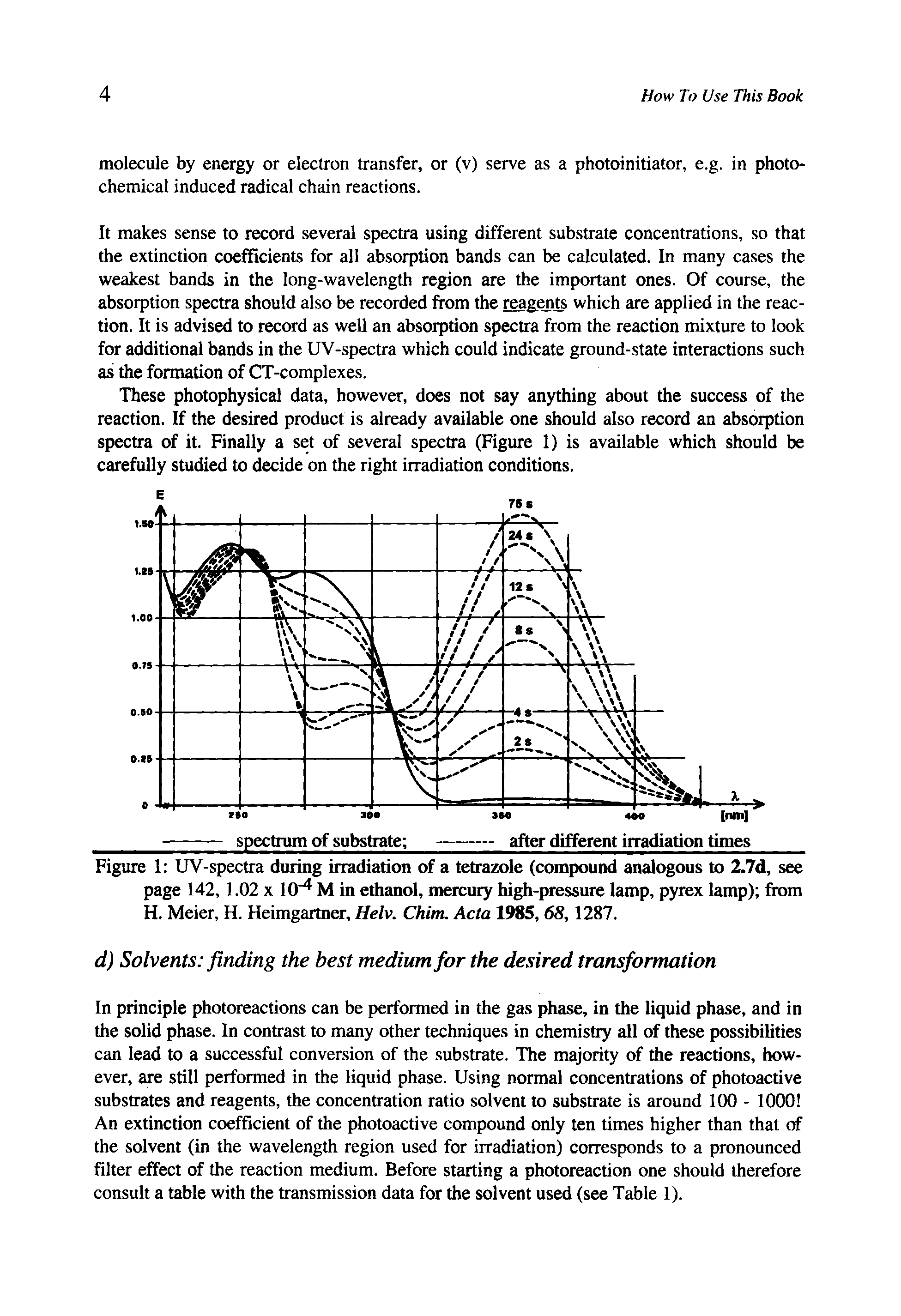 Figure 1 UV-spectra during irradiation of a tetrazole (compound analogous to 2.7d, see page 142, 1.02 x 10" M in ethanol, mercury high-pressure lamp, pyrex lamp) from H. Meier, H. Heimgartner, Helv. Chim. Acta 1985, 68,1287.