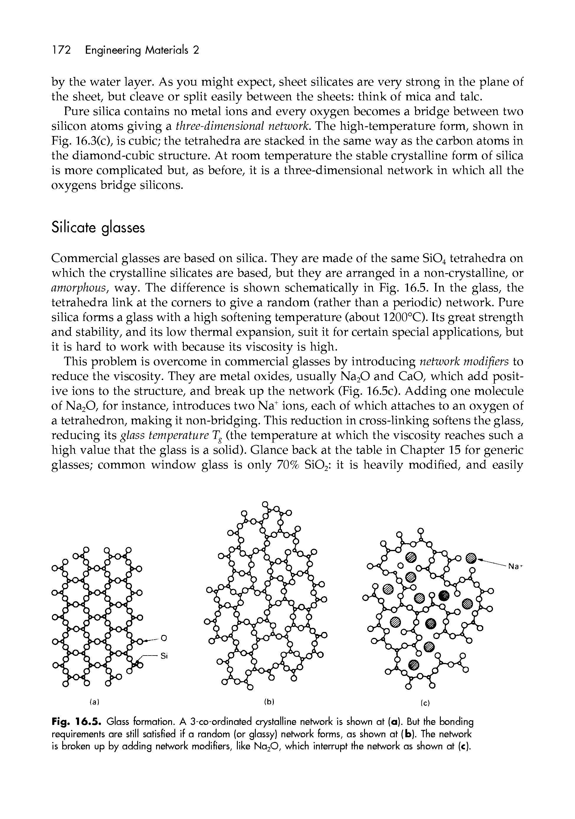 Fig. 16.5. Glass formation. A 3-co-ordinoted crystalline network is shown at (a). But the bonding requirements are still satisfied if o random (or glassy) network forms, as shown at (b). The network is broken up by adding network modifiers, like NojO, which interrupt the network as shown at ( ).