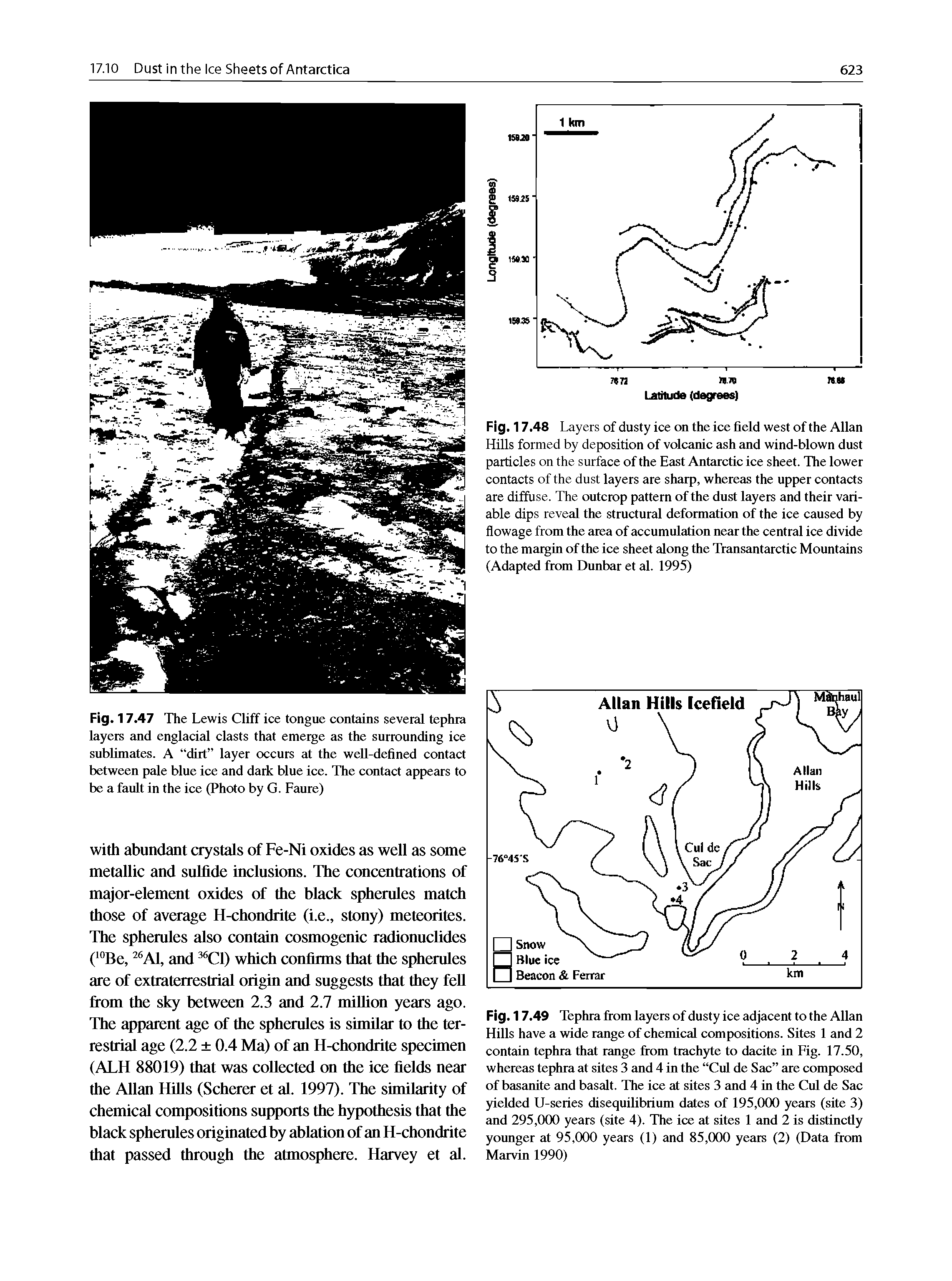 Fig. 17.49 Tephra from layers of dusty ice adjacent to the Allan Hills have a wide range of chemical compositions. Sites 1 and 2 contain tephra that range from trachyte to dacite in Fig. 17.50, whereas tephra at sites 3 and 4 in the Cul de Sac are composed of basanite and basalt. The ice at sites 3 and 4 in the Cul de Sac yielded U-series disequilibrium dates of 195,000 years (site 3) and 295,(XX) years (site 4). The ice at sites 1 and 2 is distinctly younger at 95,(X)0 years (1) and 85,000 years (2) (Data from Marvin 1990)...