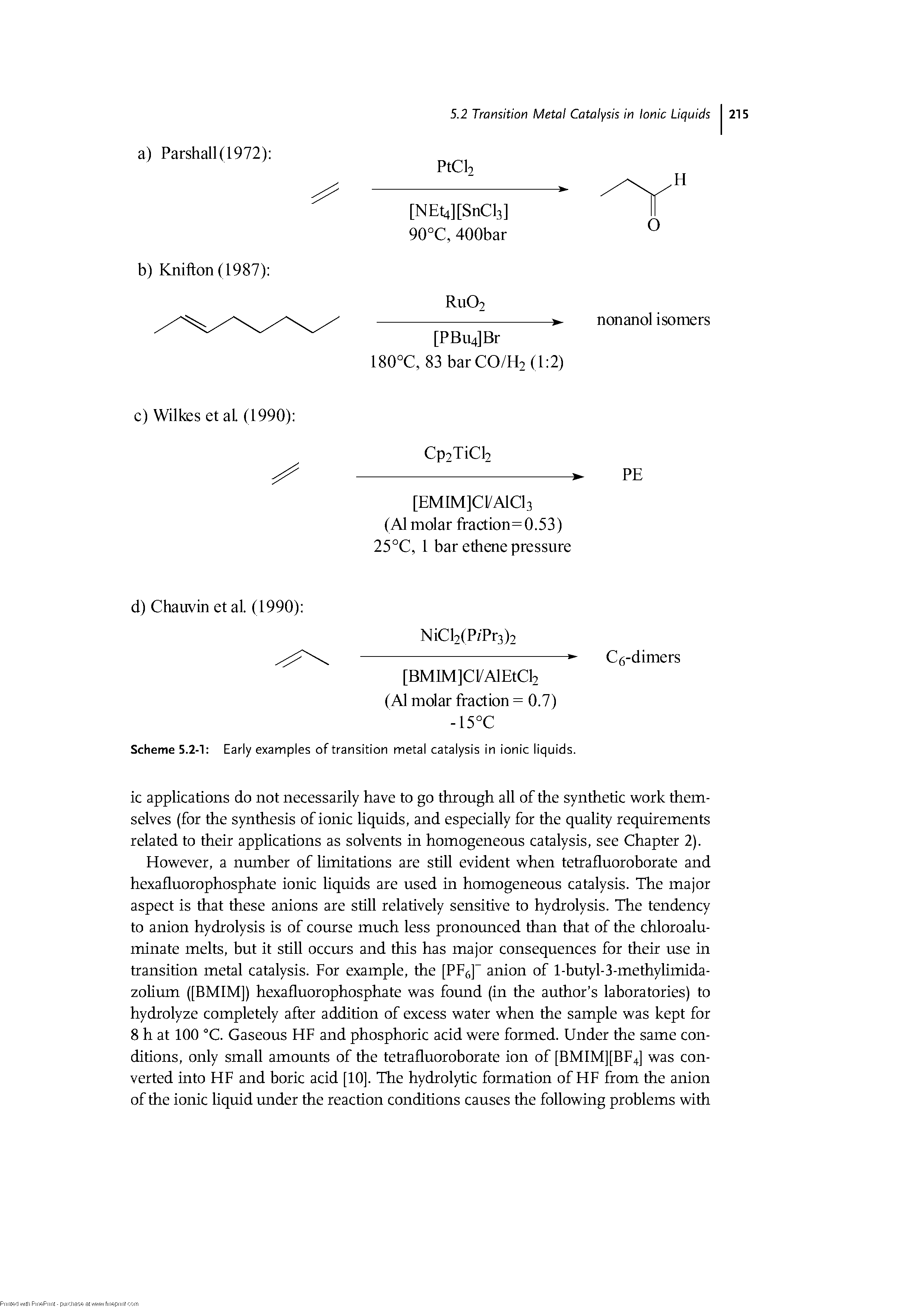 Scheme 5.2-1 Early examples of transition metal catalysis in ionic liquids.