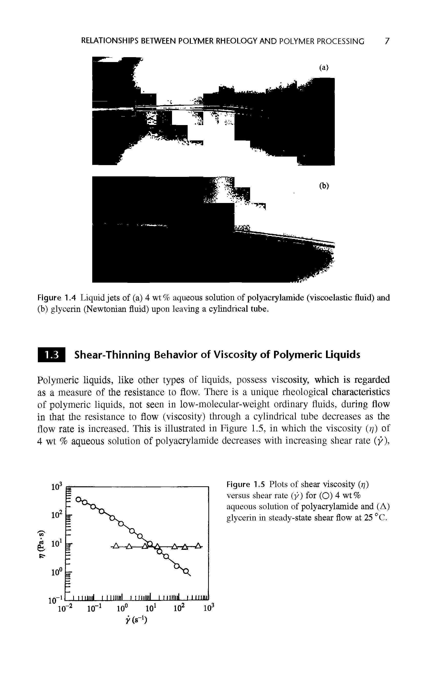 Figure 1.5 Plots of shear viscosity (rj) versus shear rate (y) for (O) 4 wt% aqueous solution of polyacrylamide and (A) glycerin in steady-state shear flow at 25 °C.