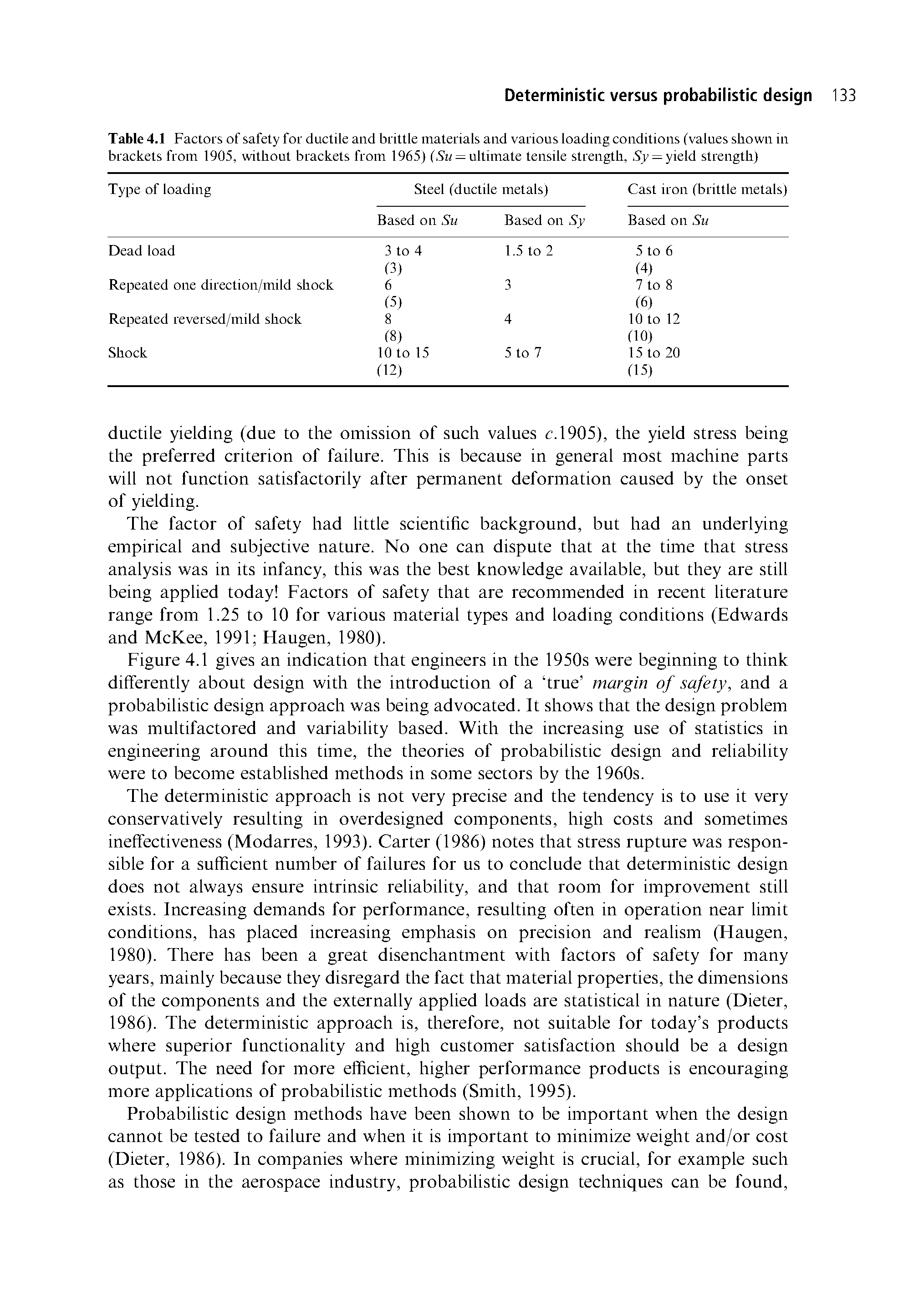 Table 4.1 Factors of safety for ductile and brittle materials and various loading conditions (values shown in brackets from 1905, without brackets from 1965) (,S = ultimate tensile strength,, Sy = yield strength)...