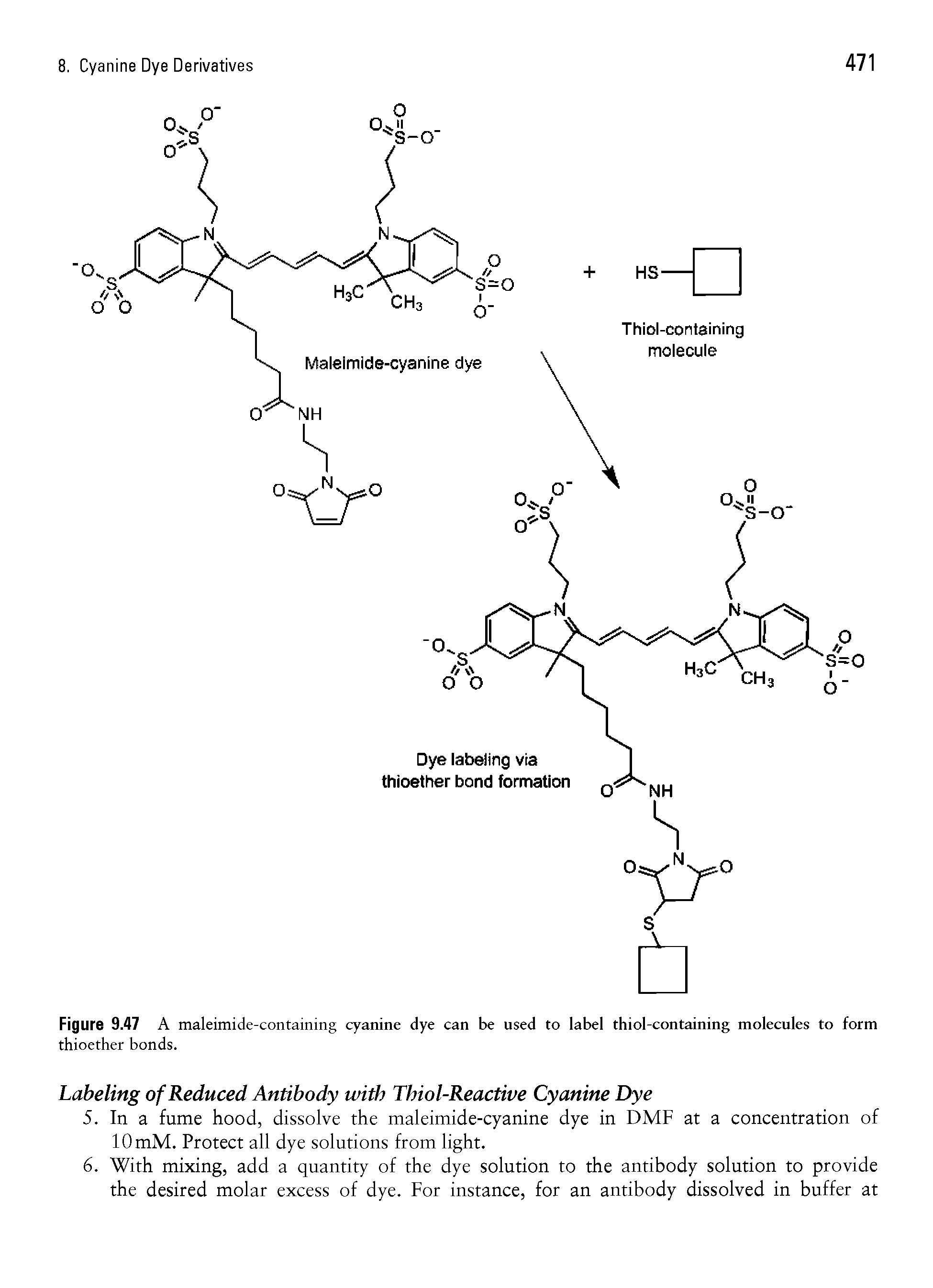 Figure 9.47 A maleimide-containing cyanine dye can be used to label thiol-containing molecules to form thioether bonds.