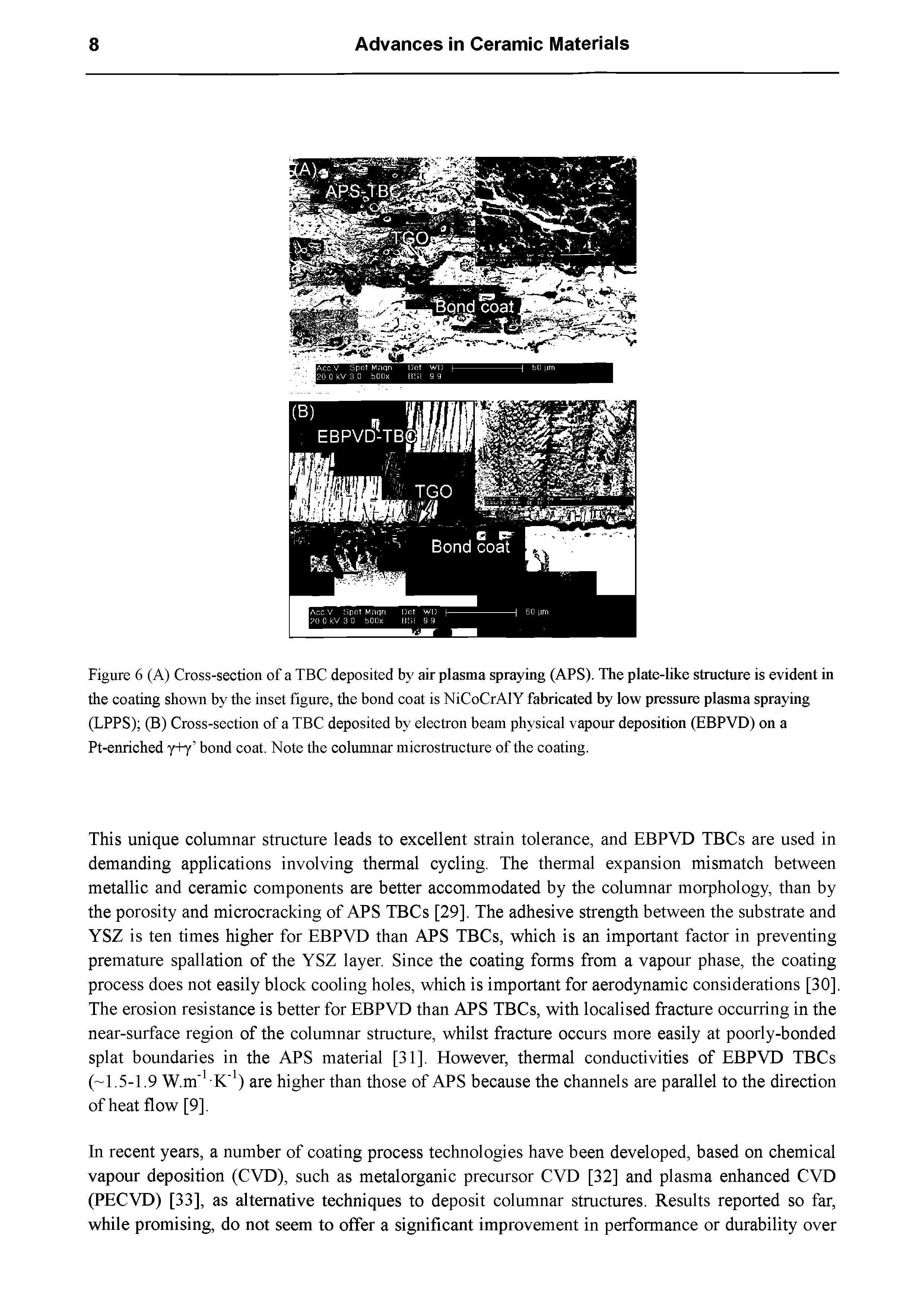 Figure 6 (A) Cross-section of a TBC deposited by air plasma spraying (APS). The plate-like structure is evident in the coating shown by the inset figure, the bond coat is NiCoCrAlY fabricated by low pressure plasma spraying (LPPS) (B) Cross-section of a TBC deposited by electron beam physical vapom deposition (EBPVD) on a Pt-enriched y+y bond coat. Note the coliunnar microstructure of the coating.