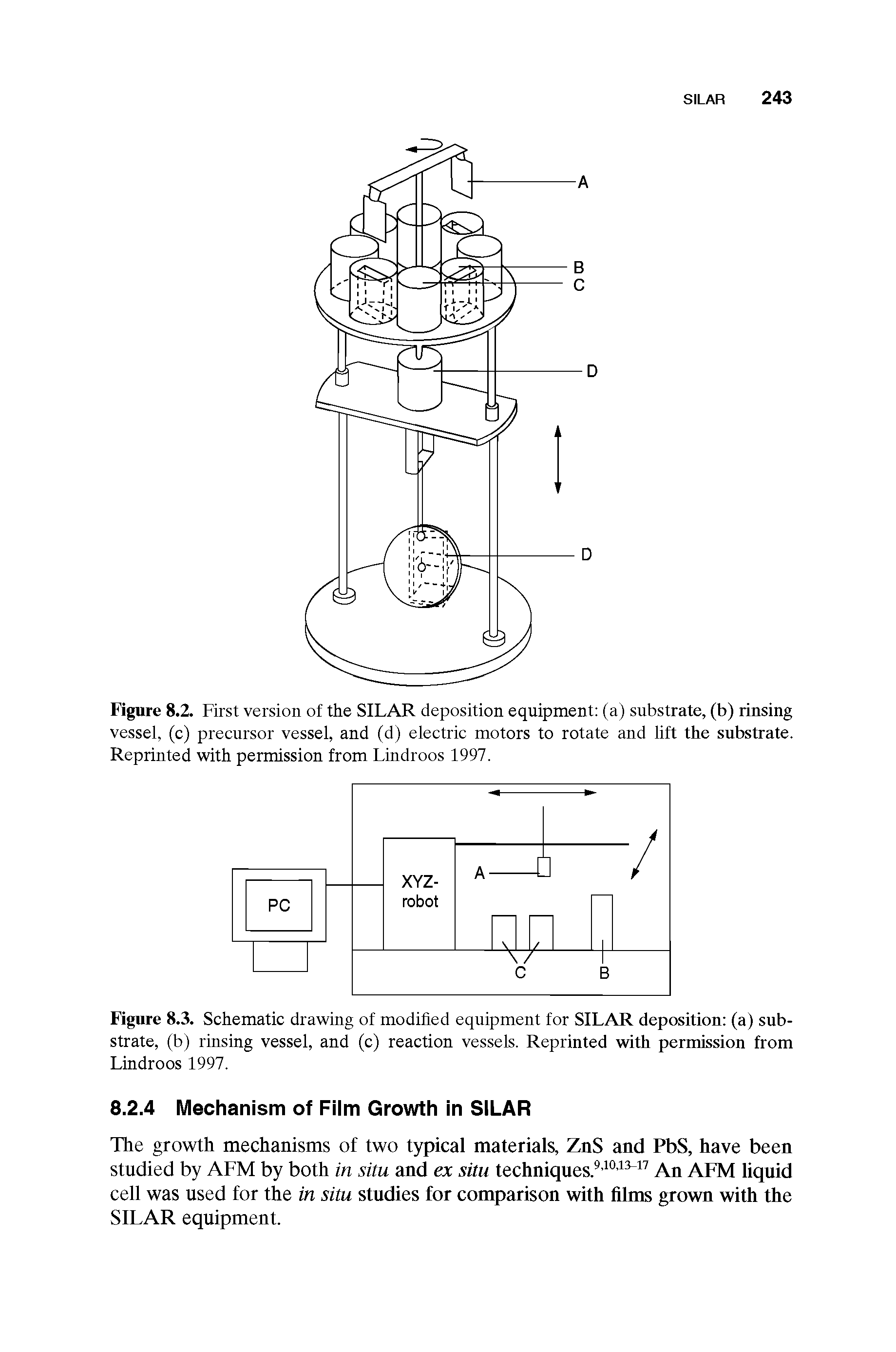 Figure 8.2. First version of the SILAR deposition equipment (a) substrate, (b) rinsing vessel, (c) precursor vessel, and (d) electric motors to rotate and lift the substrate. Reprinted with permission from Lindroos 1997.