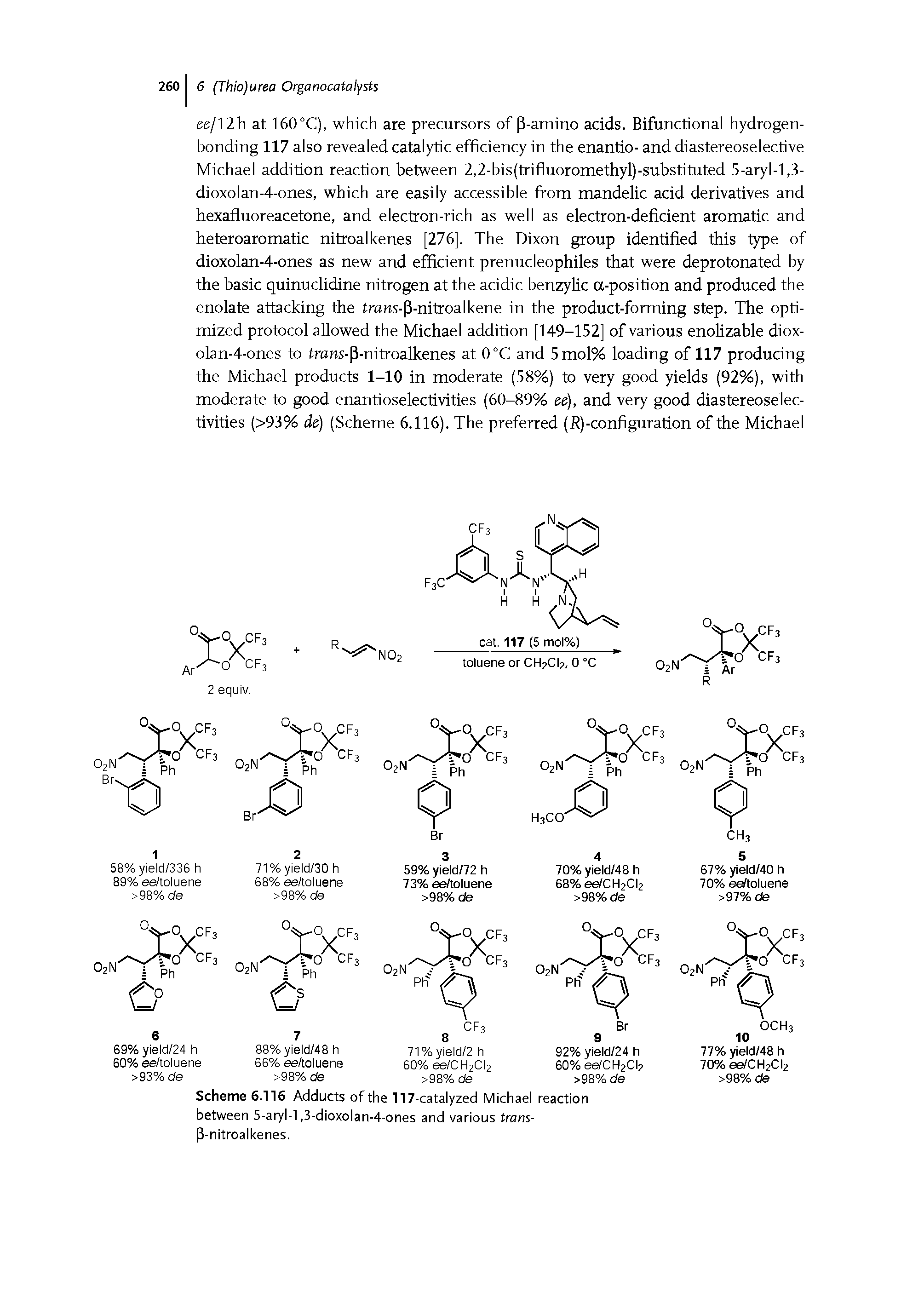 Scheme 6.116 Adducts of the 117-catalyzed Michael reaction between 5-aryl-l, 3-dioxolan-4-ones and various trans-P-nitroalkenes.