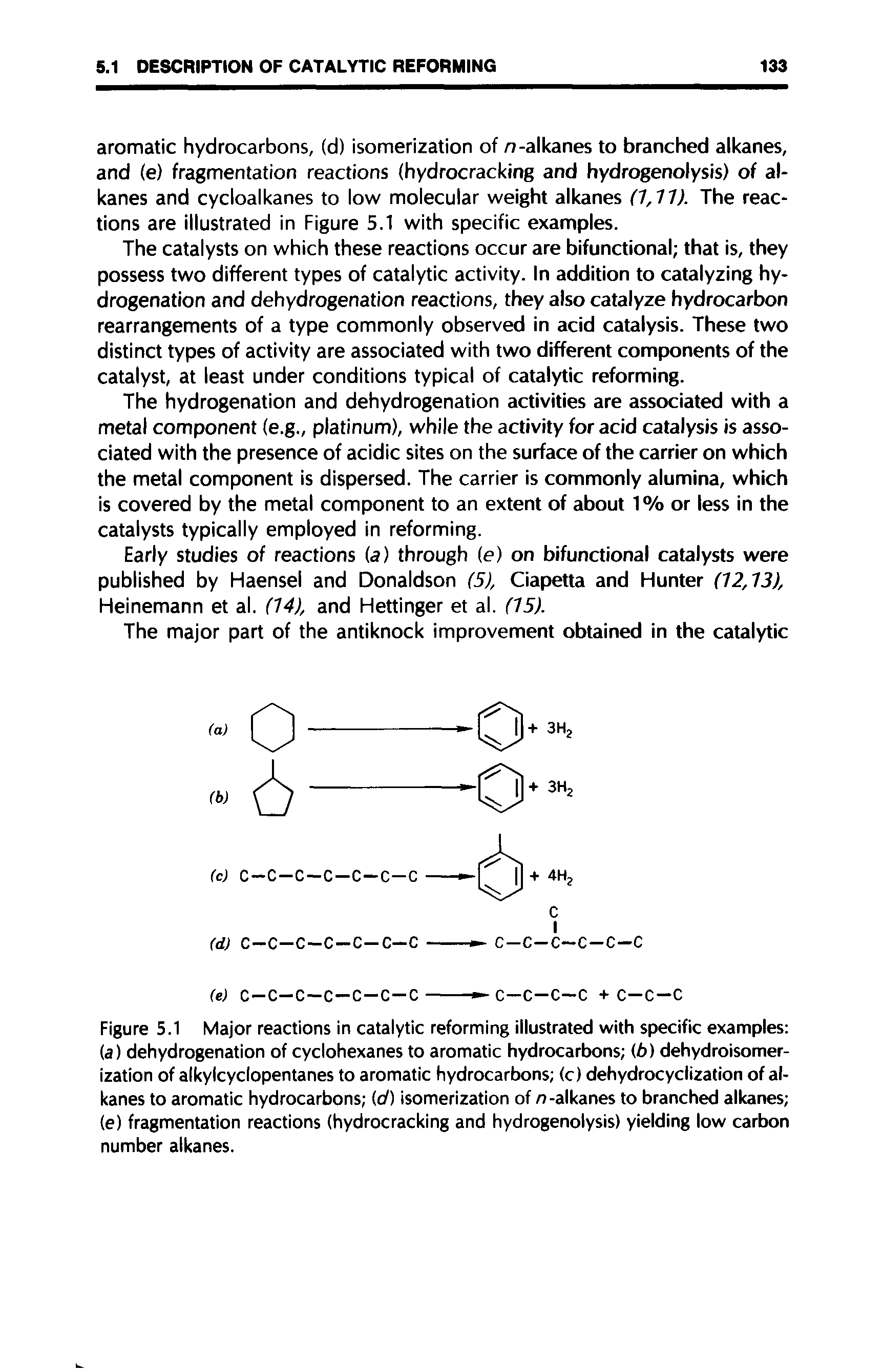 Figure 5.1 Major reactions in catalytic reforming illustrated with specific examples (a) dehydrogenation of cyclohexanes to aromatic hydrocarbons (b) dehydroisomerization of alkylcyclopentanes to aromatic hydrocarbons (c) dehydrocyclization of alkanes to aromatic hydrocarbons (d) isomerization of n -alkanes to branched alkanes (e) fragmentation reactions (hydrocracking and hydrogenolysis) yielding low carbon number alkanes.