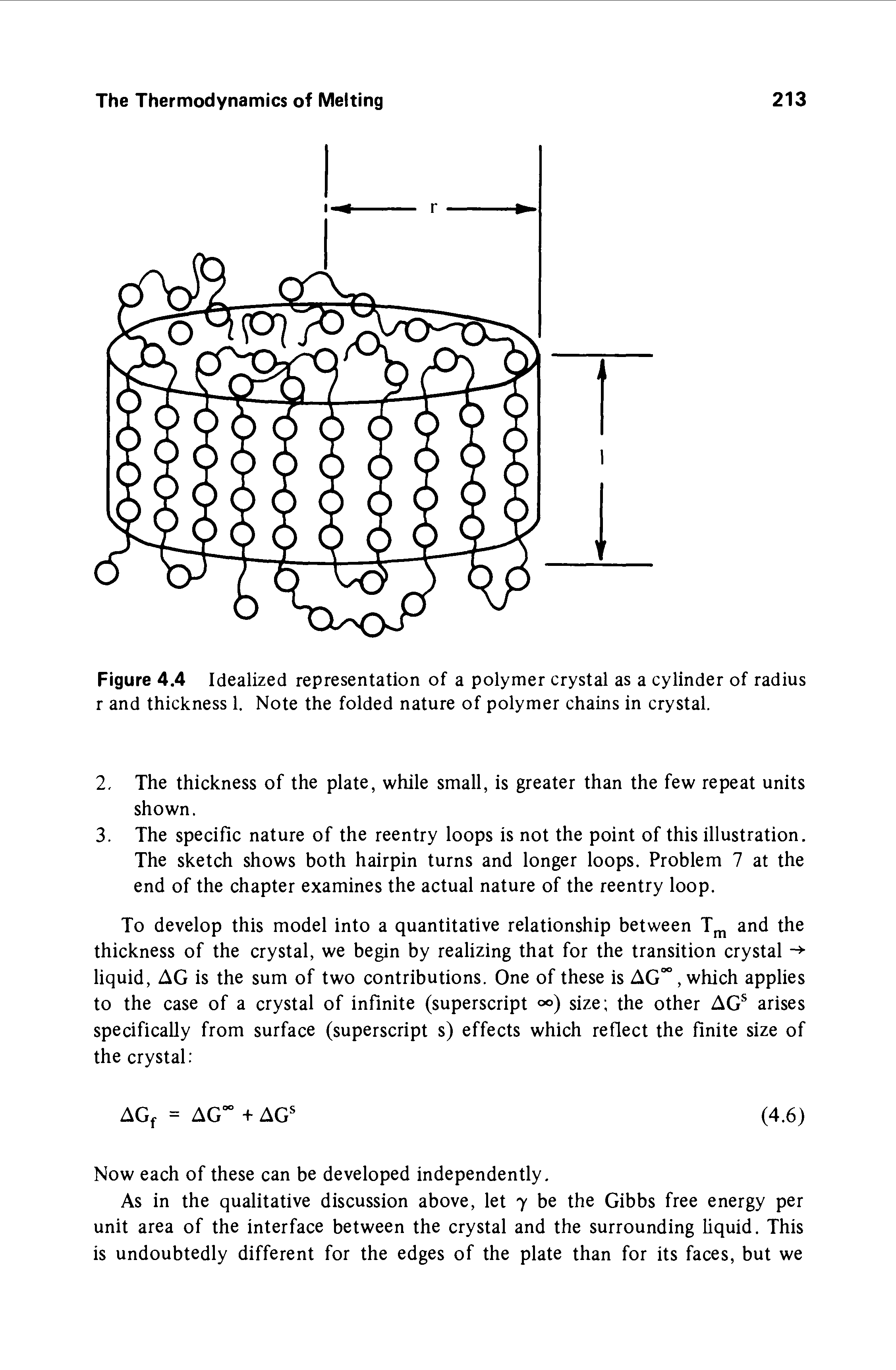 Figure 4.4 Idealized representation of a polymer crystal as a cylinder of radius r and thickness 1. Note the folded nature of polymer chains in crystal.