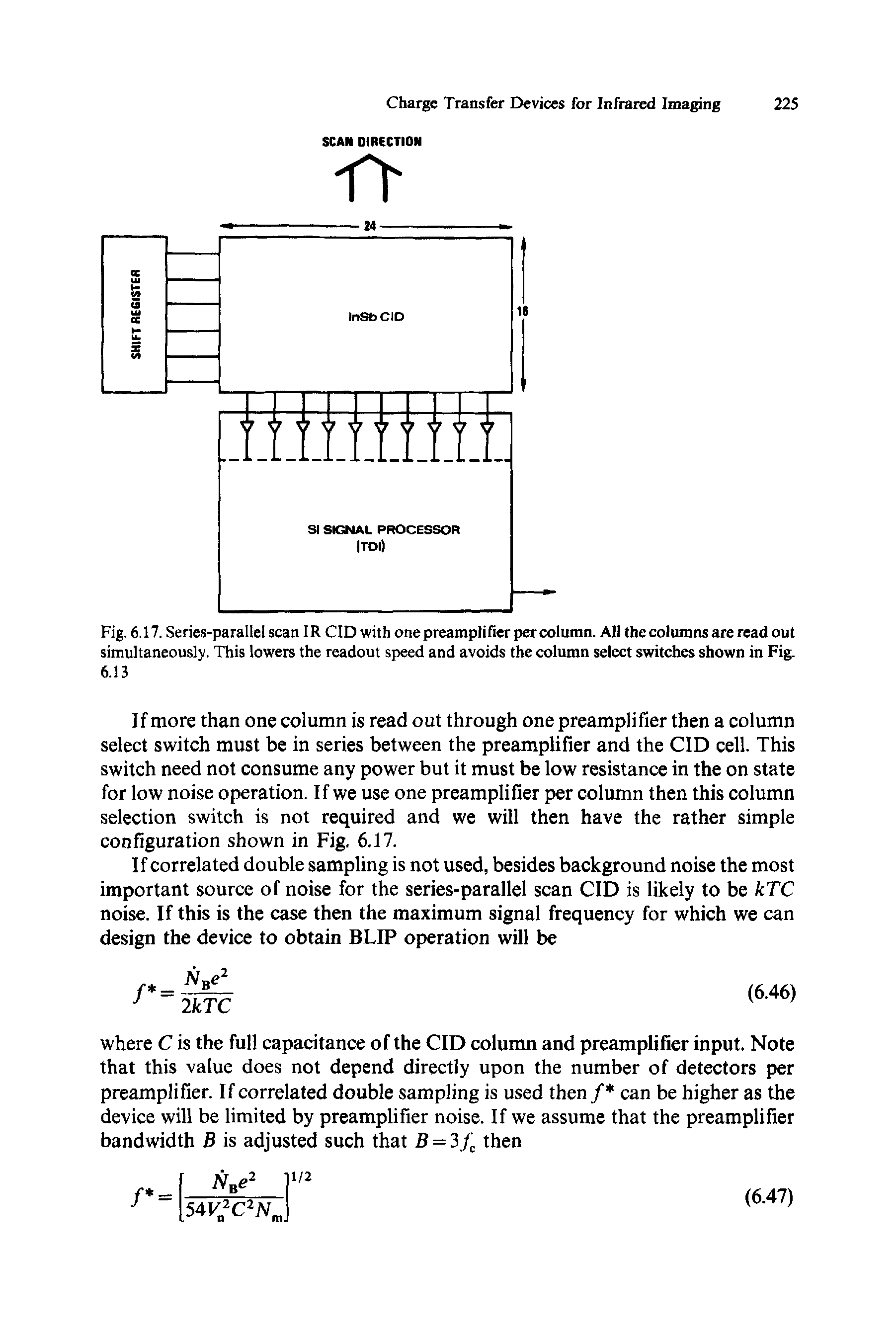 Fig. 6.17. Series-parallel scan IR CID with one preamplifier per column. All the columns are read out simultaneously. This lowers the readout speed and avoids the column select switches shown in Fig. 6.13...