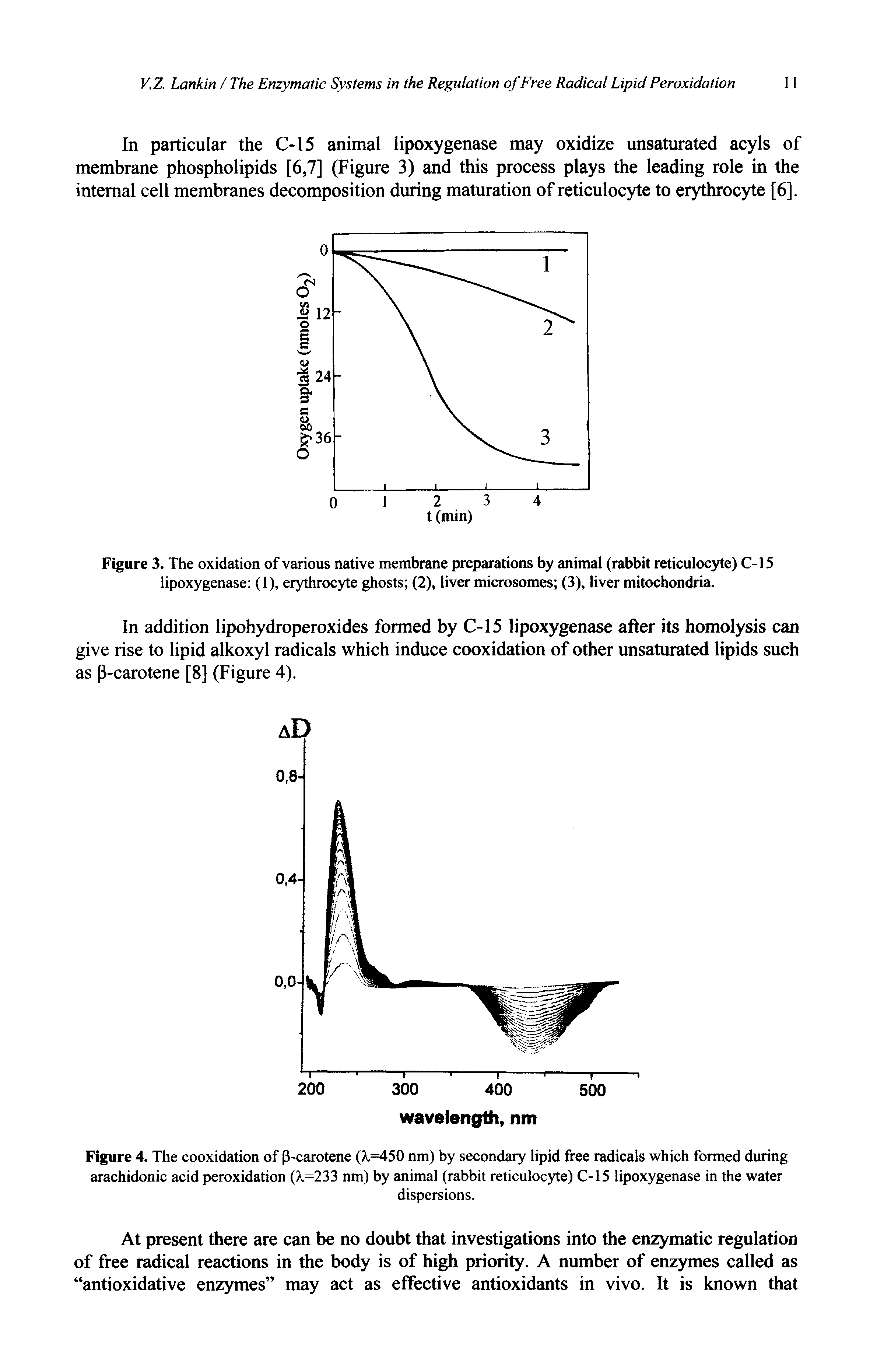 Figure 4, The cooxidation of P-carotene (X.=450 nm) by secondary lipid free radicals which formed during arachidonic acid peroxidation (A,=233 nm) by animal (rabbit reticulocyte) C-15 lipoxygenase in the water...