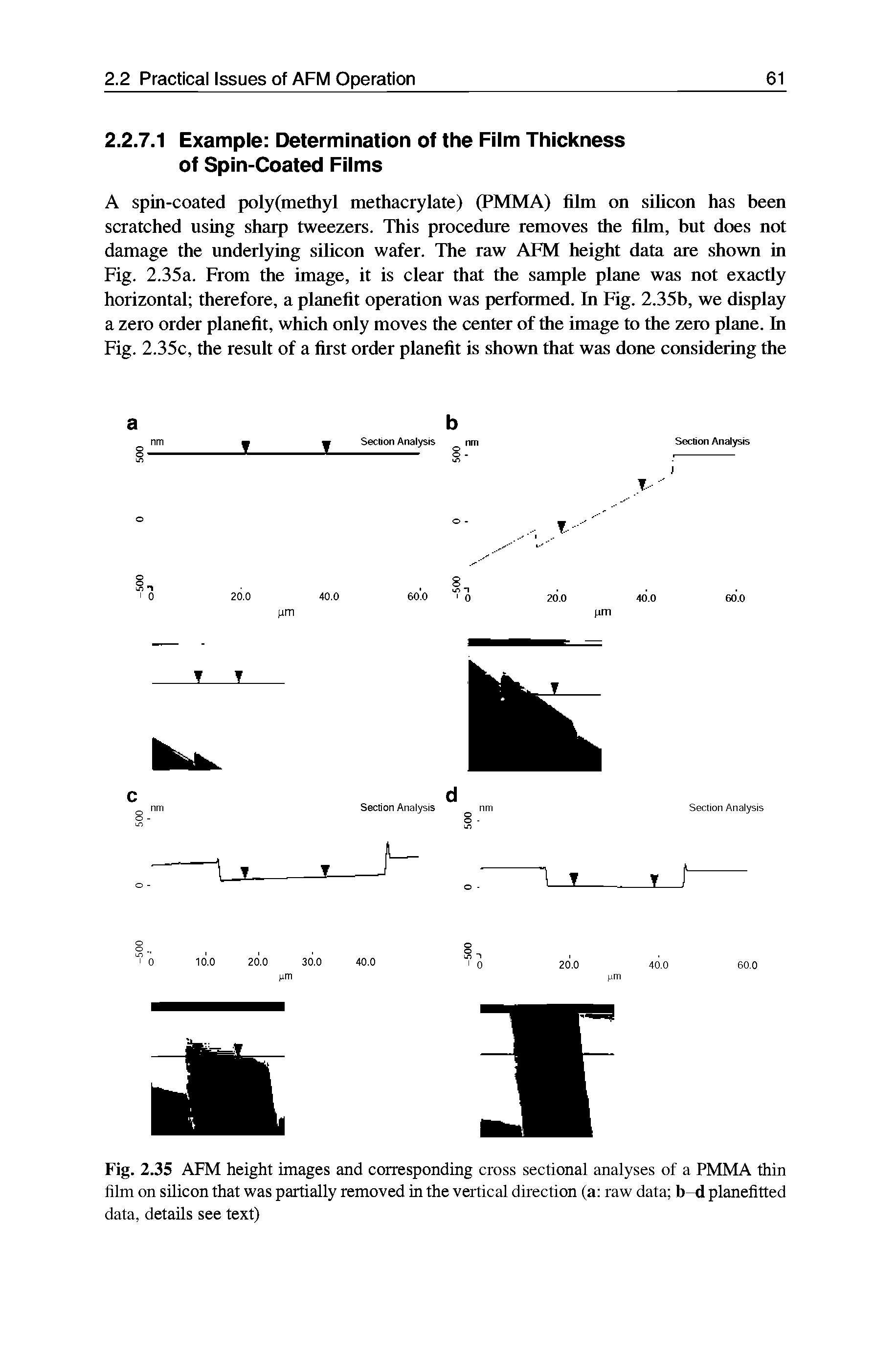 Fig. 2.35 AFM height images and corresponding cross sectional analyses of a PMMA thin film on silicon that was partially removed in the vertical direction (a raw data b d planefitted data, details see text)...