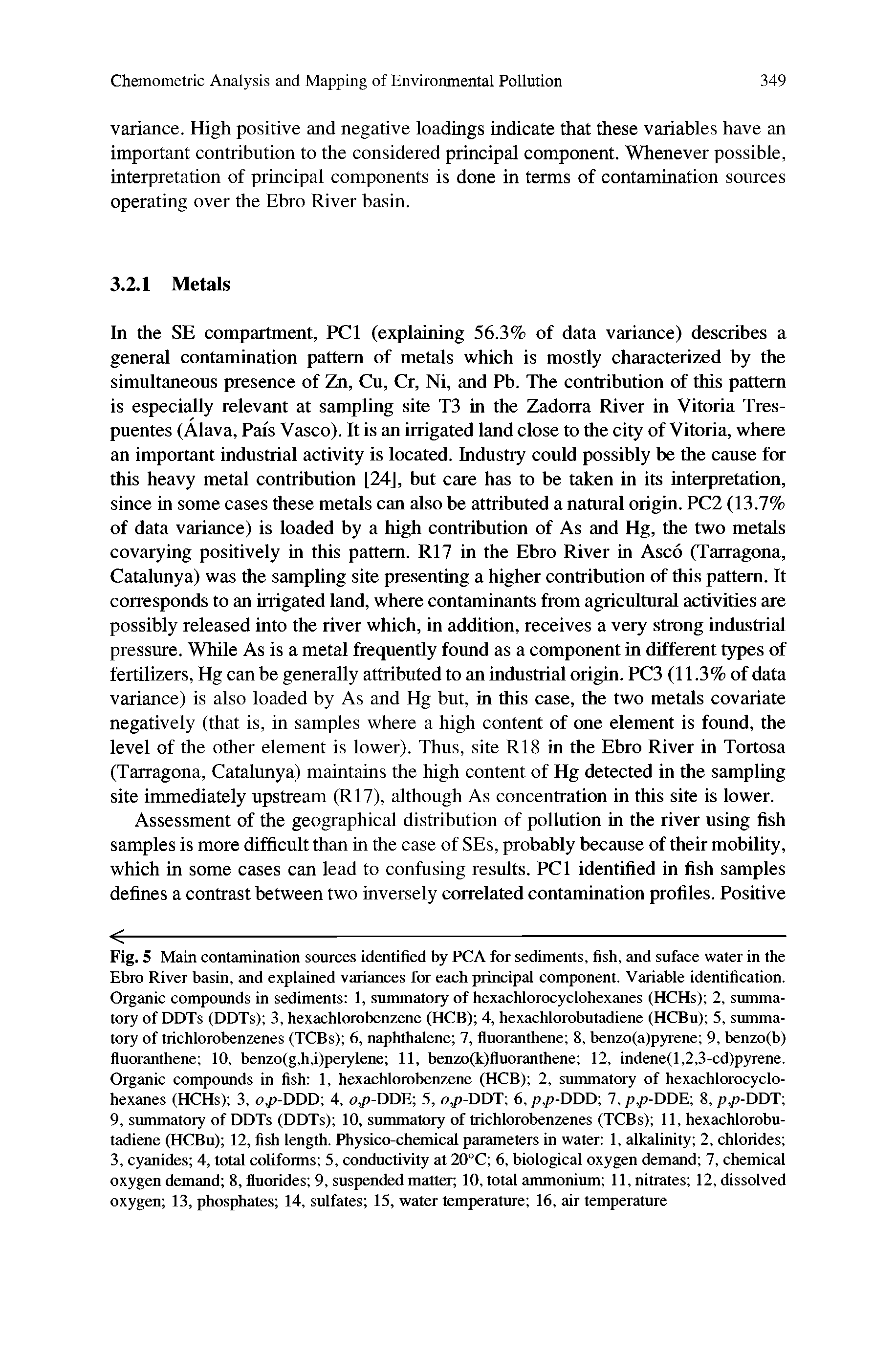 Fig. 5 Main contamination sources identified by PCA for sediments, fish, and suface water in the Ebro River basin, and explained variances for each principal component. Variable identification. Organic compounds in sediments 1, summatory of hexachlorocyclohexanes (HCHs) 2, summa-tory of DDTs (DDTs) 3, hexachlorobenzene (HCB) 4, hexachlorobutadiene (HCBu) 5, summatory of trichlorobenzenes (TCBs) 6, naphthalene 7, fluoranthene 8, benzo(a)pyrene 9, benzo(b) fluoranthene 10, benzo(g,h,i)perylene 11, benzo(k)fluoranthene 12, indene(l,2,3-cd)pyrene. Organic compounds in fish 1, hexachlorobenzene (HCB) 2, summatory of hexachlorocyclohexanes (HCHs) 3, o,p-DDD 4, o,p-DDE 5, o,p-DDT 6, p,p-DDD 7, />,/>DDE 8, />,/>DDT 9, summatory of DDTs (DDTs) 10, summatory of trichlorobenzenes (TCBs) 11, hexachlorobutadiene (HCBu) 12, fish length. Physico-chemical parameters in water 1, alkalinity 2, chlorides 3, cyanides 4, total coliforms 5, conductivity at 20°C 6, biological oxygen demand 7, chemical oxygen demand 8, fluorides 9, suspended matter 10, total ammonium 11, nitrates 12, dissolved oxygen 13, phosphates 14, sulfates 15, water temperature 16, air temperature...