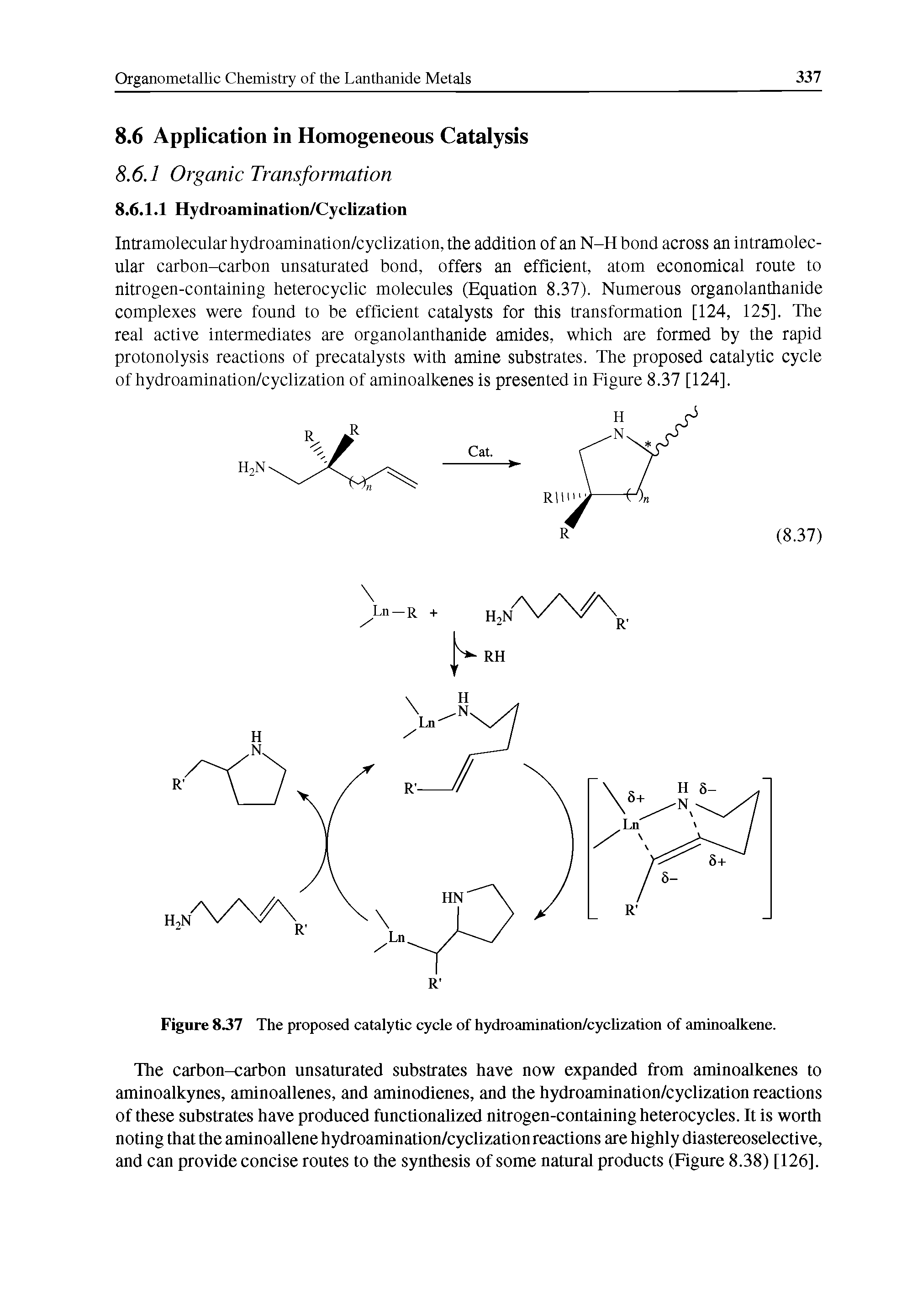 Figure 837 The proposed catalytic cycle of hydroamination/cyclization of aminoalkene.
