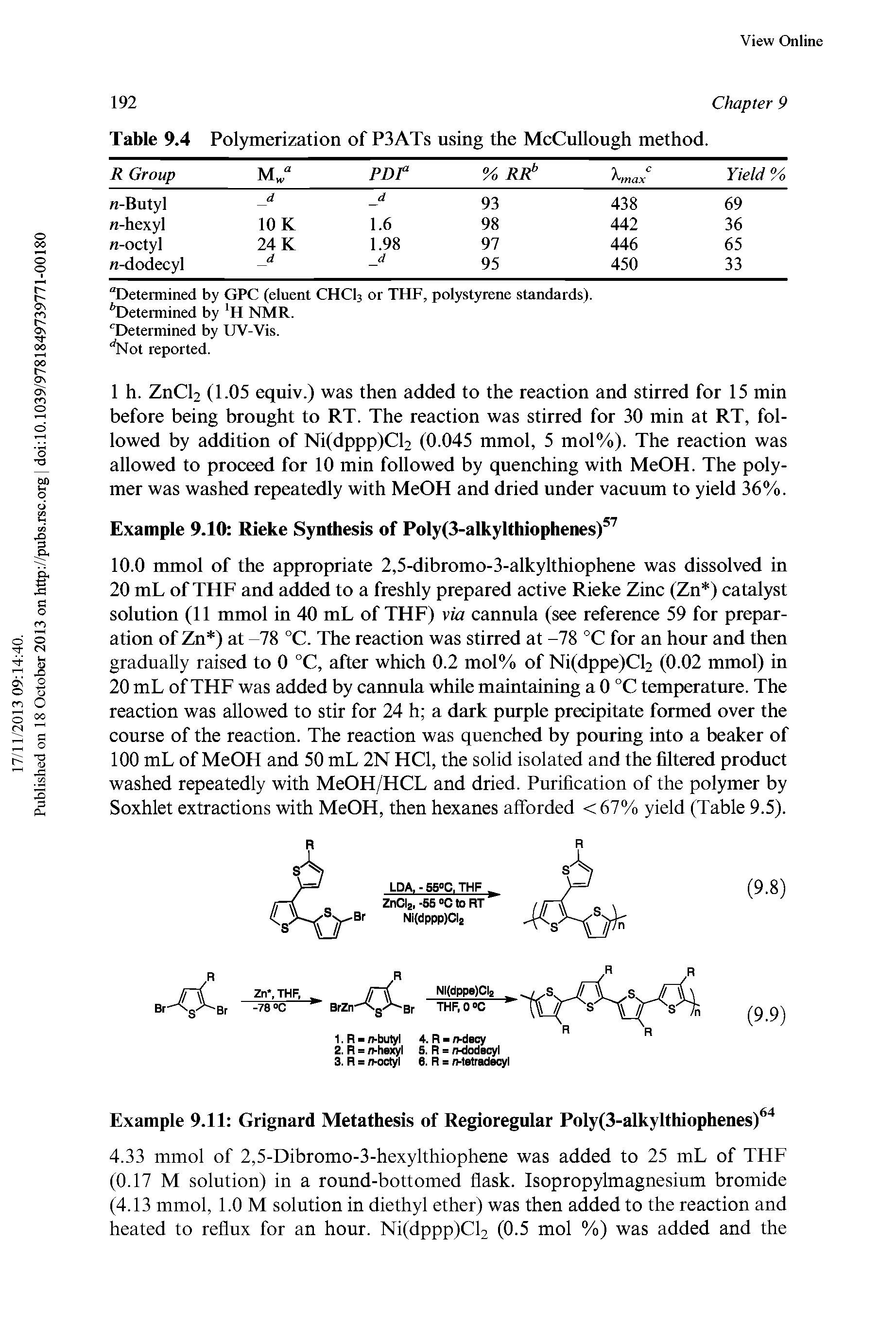 Table 9.4 Polymerization of P3ATs using the McCullough method.