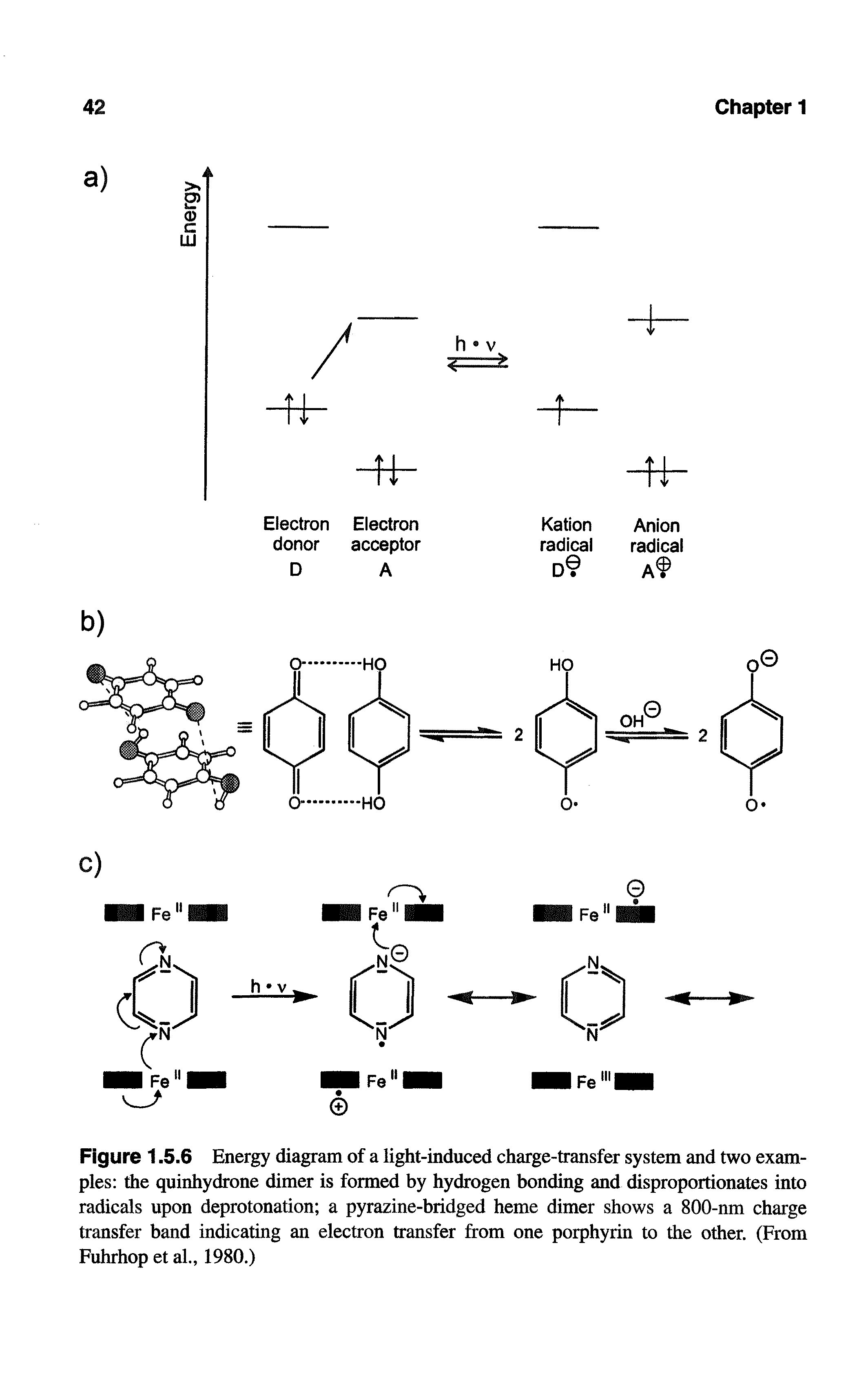 Figure 1.5.6 Energy diagram of a light-induced charge-transfer system and two examples the quinhydrone dimer is formed by hydrogen bonding and disproportionates into radicals upon deprotonation a pyrazine-bridged heme dimer shows a 800-nm charge transfer band indicating an electron transfer from one porphyrin to the other. (From Fuhrhop et al., 1980.)...