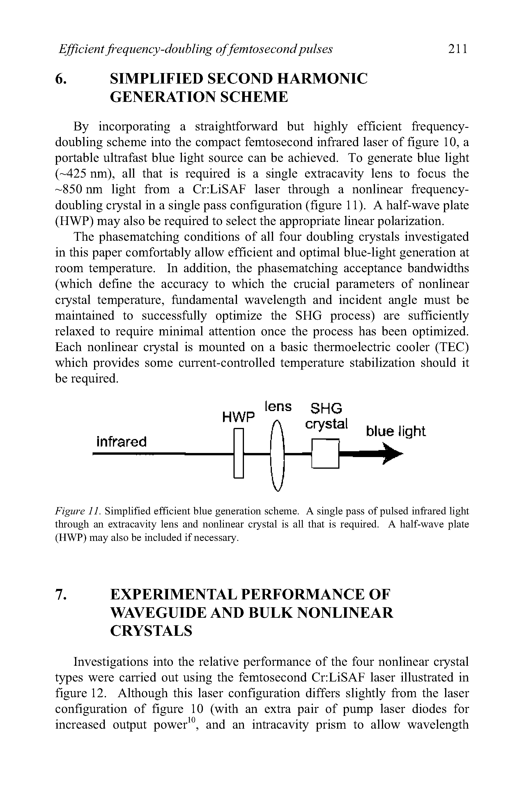 Figure 11. Simplified efficient blue generation scheme. A single pass of pulsed infrared light through an extracavity lens and nonlinear crystal is all that is required. A half-wave plate (HWP) may also be included if necessary.