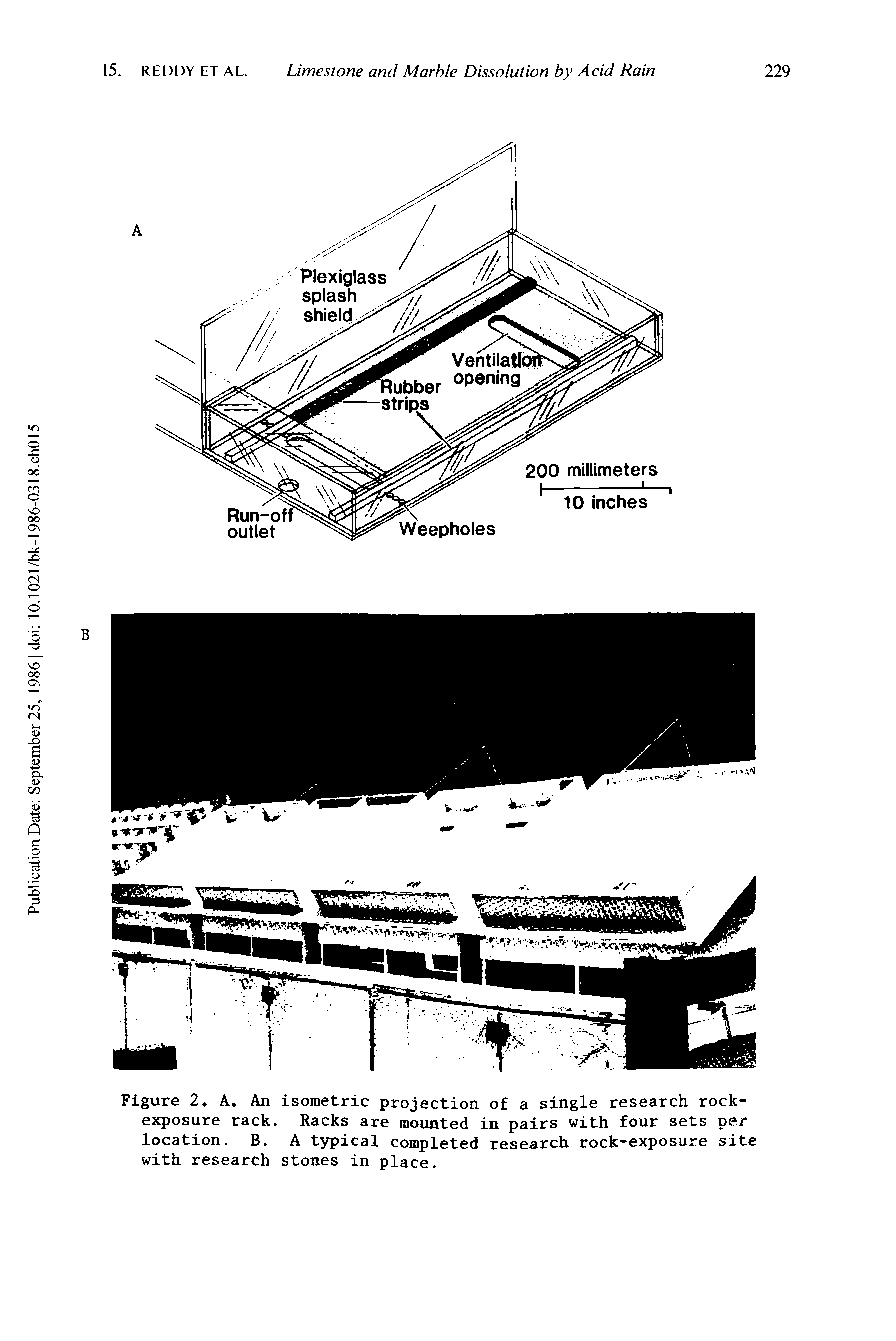 Figure 2. A, An isometric projection of a single research rock-exposure rack. Racks are mounted in pairs with four sets per location. B. A typical completed research rock-exposure site with research stones in place.