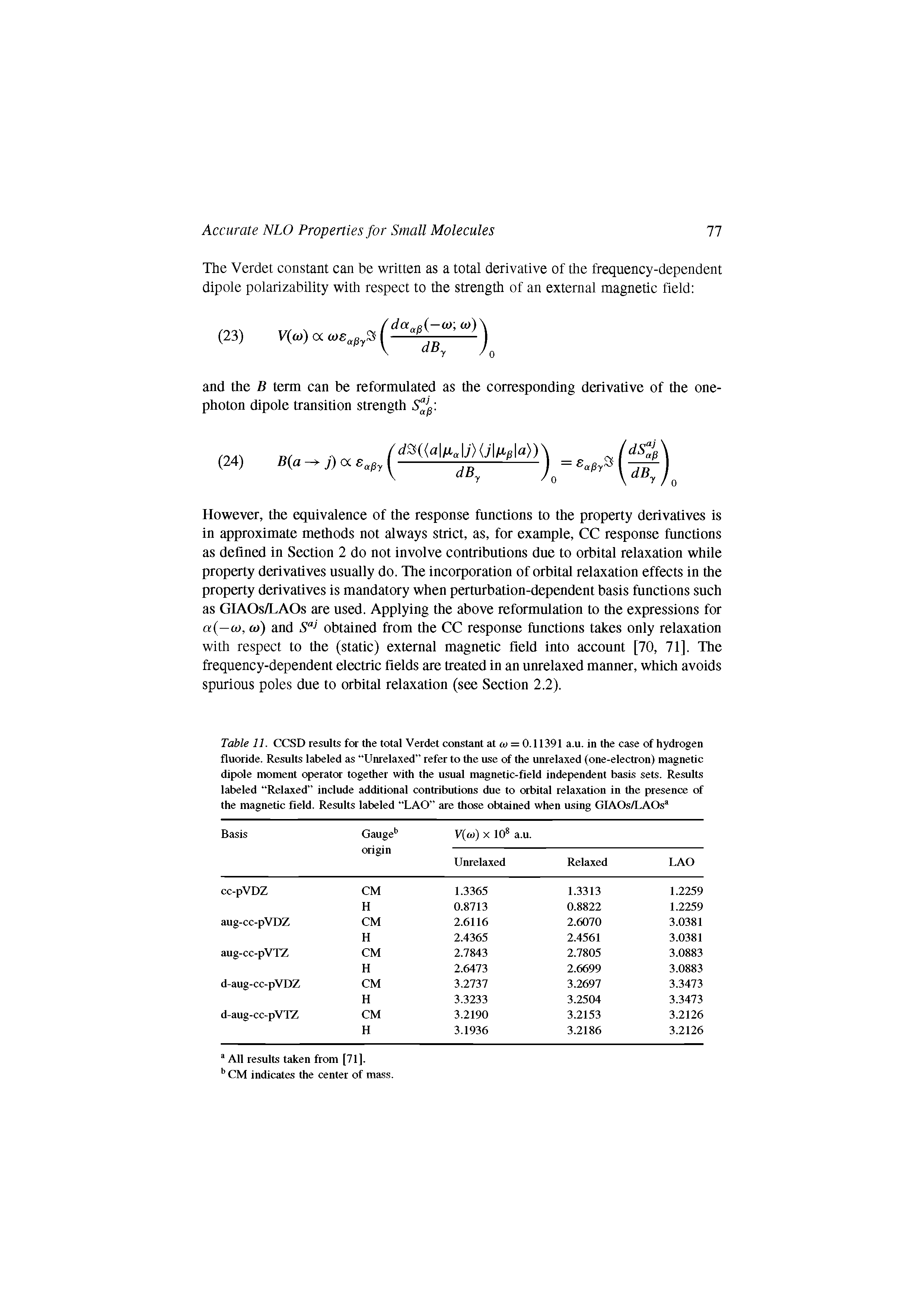 Table 11. CCSD results for the total Verdet constant at w = 0.11391 a.u. in the case of hydrogen fluoride. Results labeled as Unrelaxed refer to the use of the unrelaxed (one-electron) magnetic dipole moment operator together with the usual magnetic-field independent basis sets. Results labeled Relaxed include additional contributions due to orbital relaxation in the presence of the magnetic field. Results labeled LAO are those obtained when using GIAOs/LAOs ...