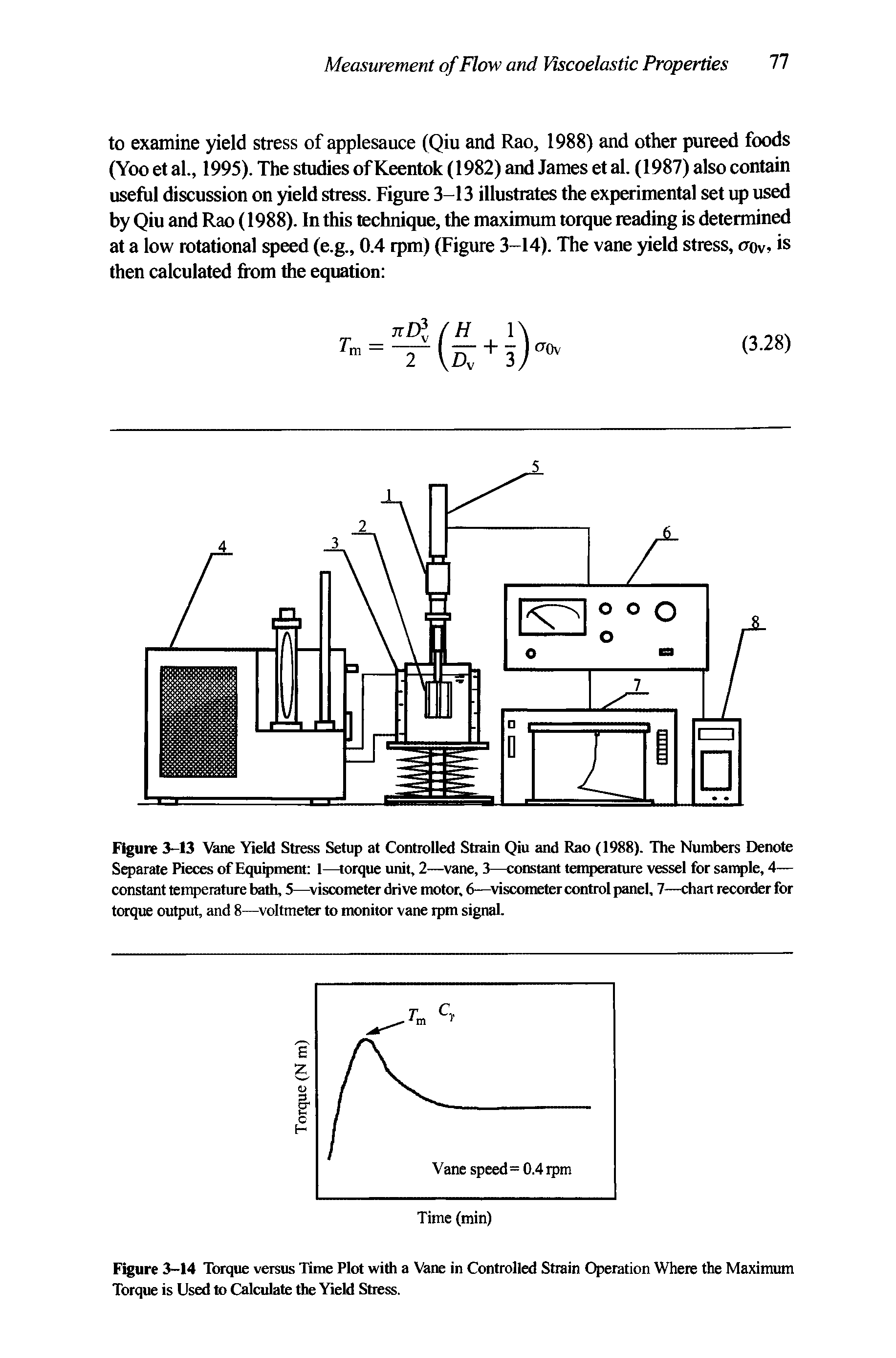 Figure 3-13 Vane Yield Stress Setup at Controlled Strain Qiu and Rao (1988). The Numbers Denote Separate Pieces of Equipment 1—torque unit, 2—vane, 3—constant temperature vessel for sample, 4— constant temperature bath, 5—viscometer drive motor, 6—viscometer control panel, 7—chart recorder for torque output, and 8— voltmeter to monitor vane rpm signal.