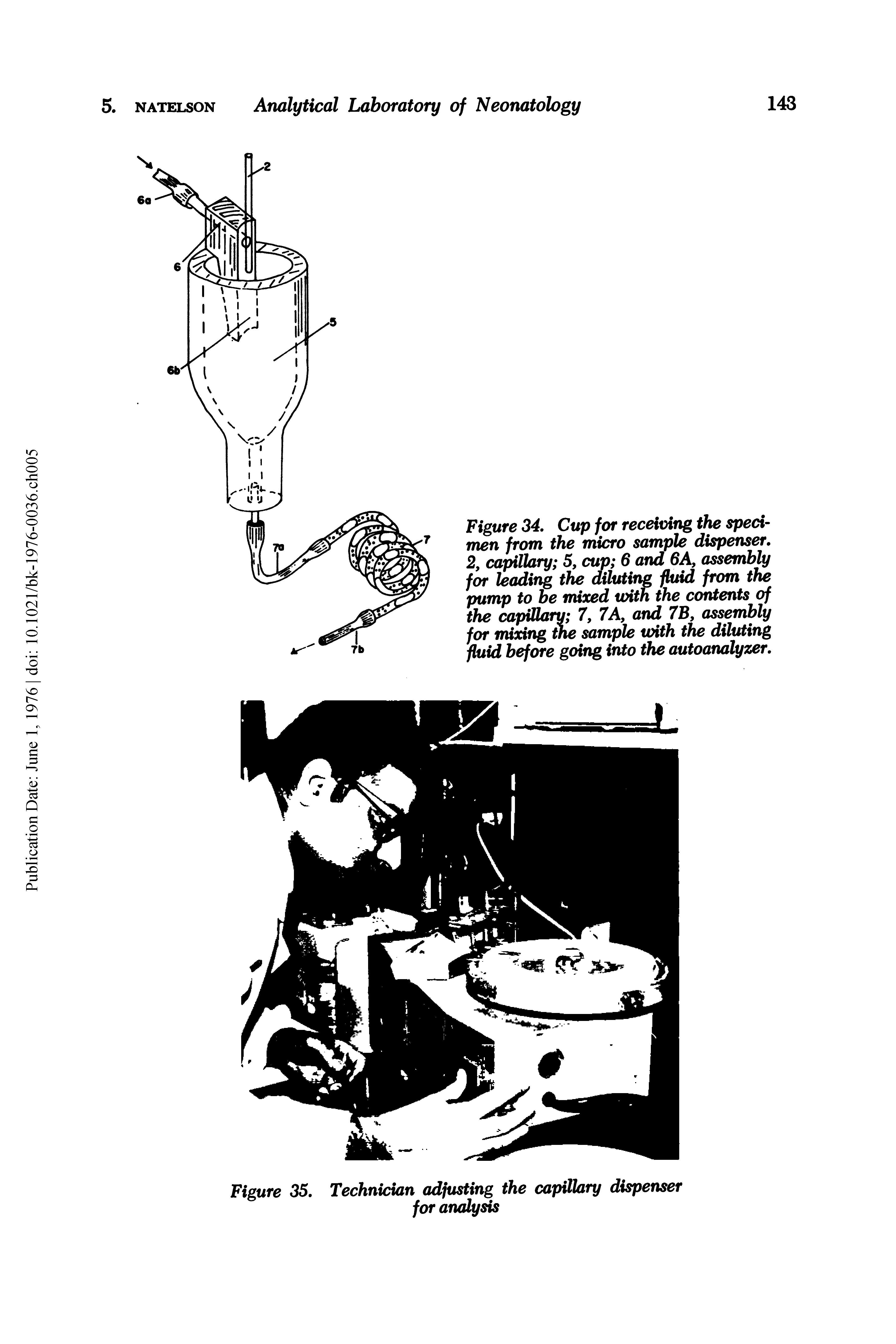 Figure 34, Cup for receiving the specimen from the micro sample dispenser, 2, capillary 5, cup 6 and 6A, assembly for leading the diluting fluid from the pump to be mixed with the contents of the capillary 7, 7A, and 7B, assembly for mixing the sample with the diluting fluid before going into the autoanalyzer.